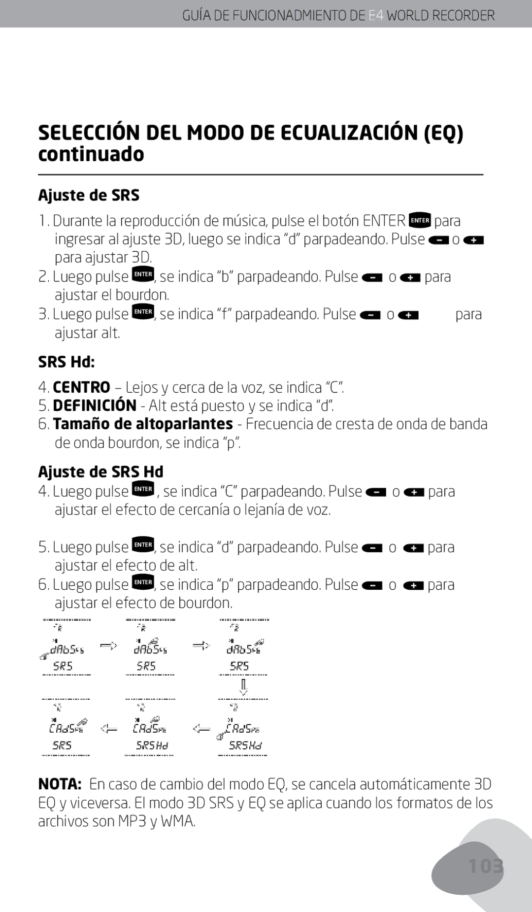 Eton E4 Selección DEL Modo DE Ecualización EQ continuado, Ajuste de SRS, Ajustar alt, De onda bourdon, se indica p 