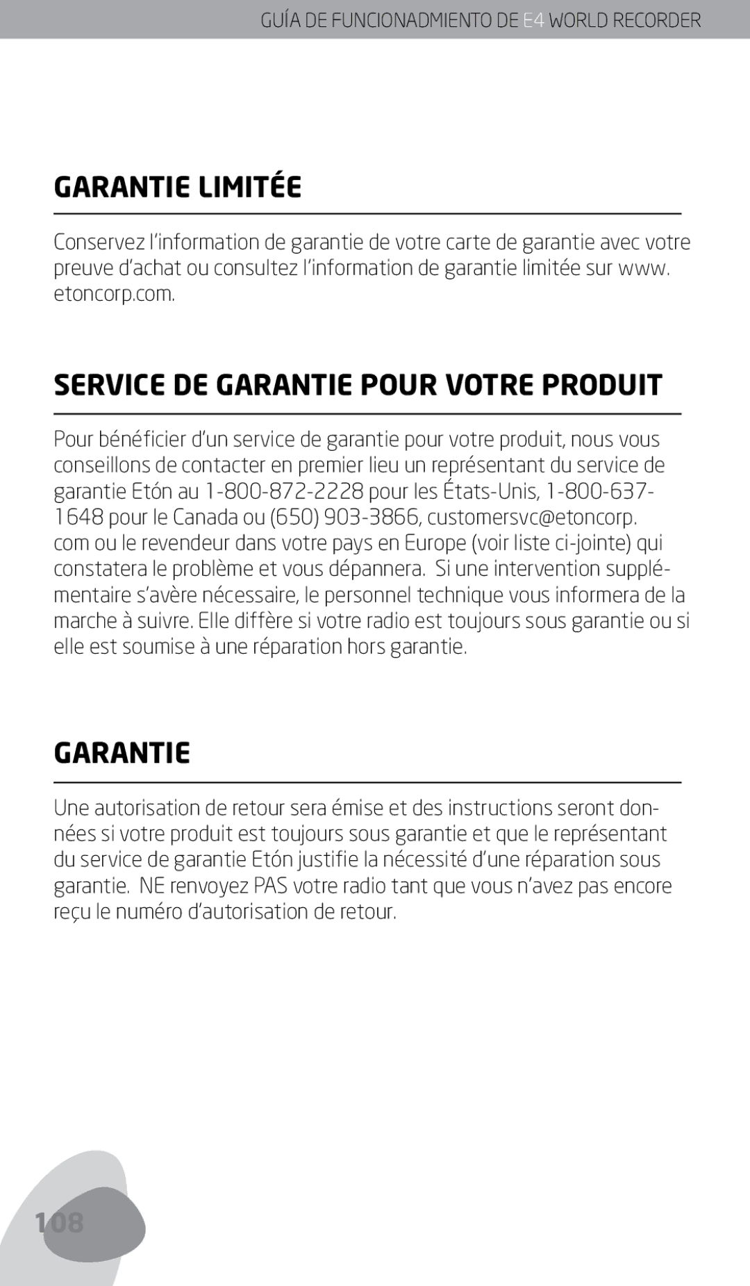 Eton E4 owner manual Garantie Limitée Service DE Garantie Pour Votre Produit 