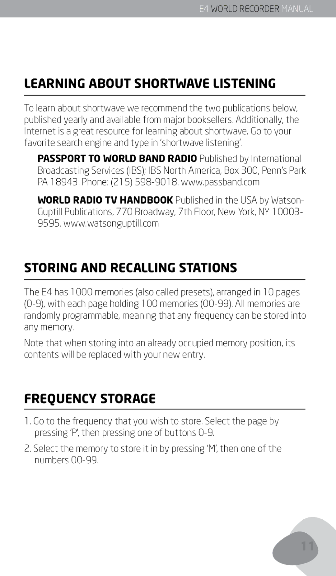 Eton E4 owner manual Learning about Shortwave Listening, Storing and Recalling Stations, Frequency Storage 