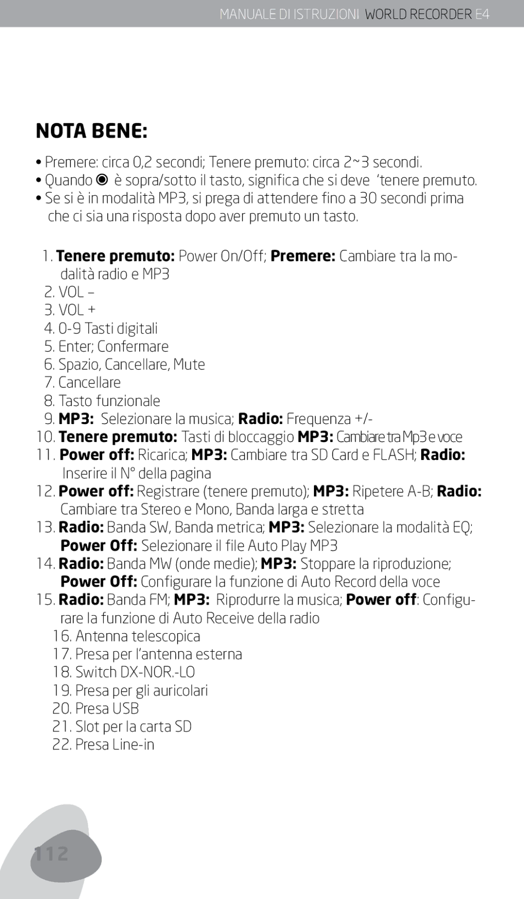 Eton E4 owner manual Nota Bene, Premere circa 0,2 secondi Tenere premuto circa 2~3 secondi, Inserire il N della pagina 