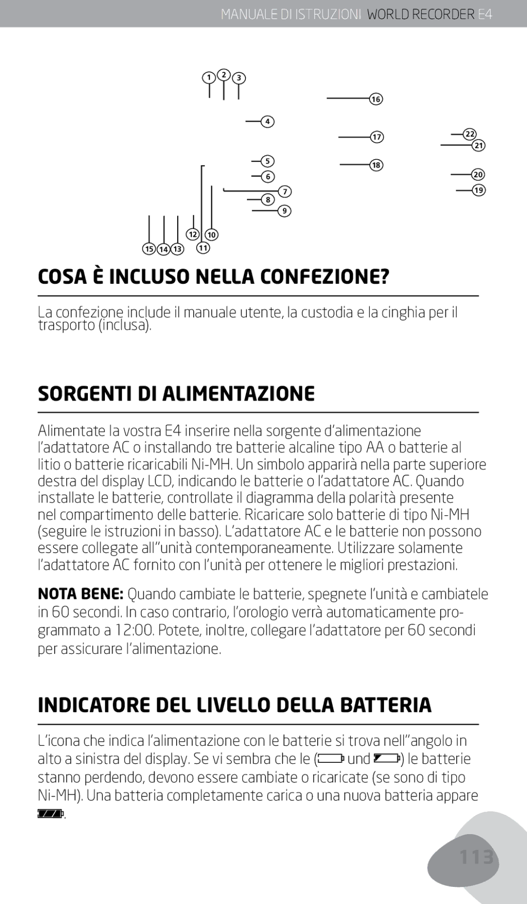 Eton E4 owner manual Cosa È Incluso Nella CONFEZIONE?, Sorgenti DI Alimentazione, Indicatore DEL Livello Della Batteria 