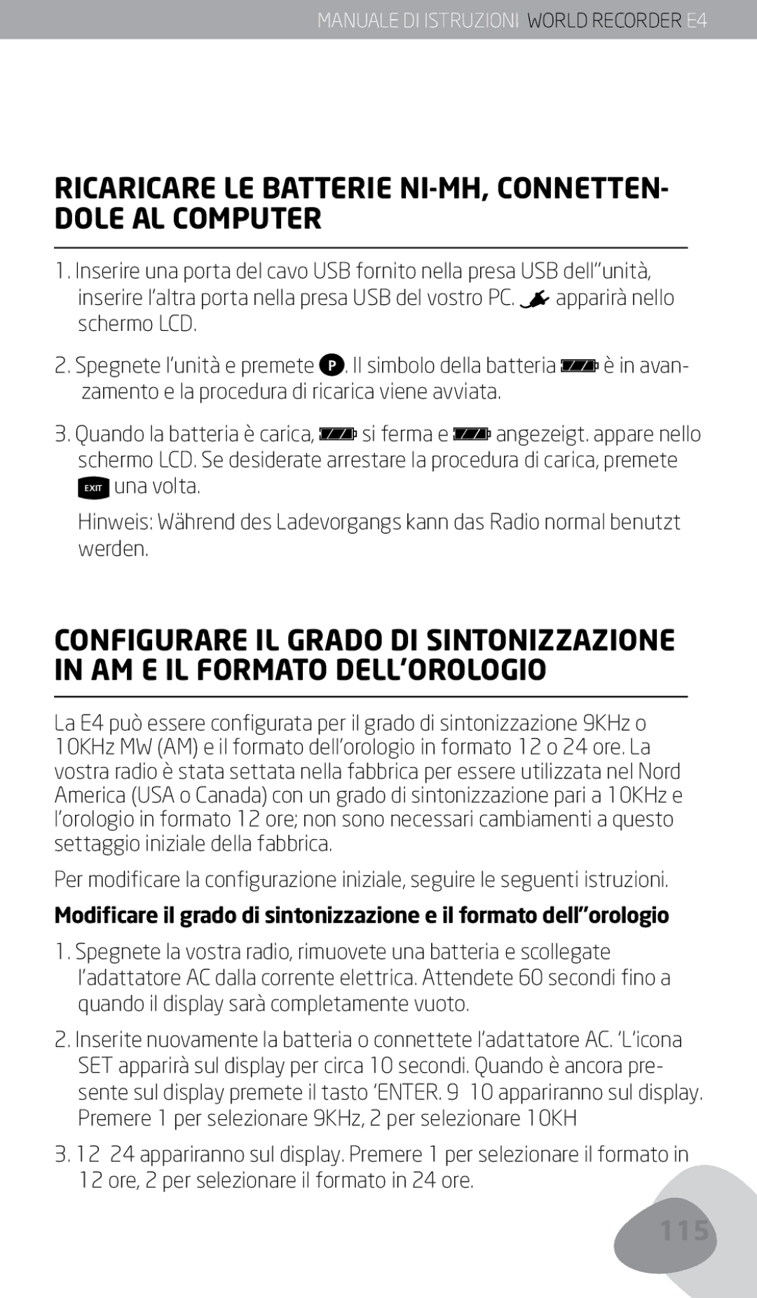 Eton E4 owner manual Ricaricare LE Batterie NI-MH, CONNETTEN- Dole AL Computer 