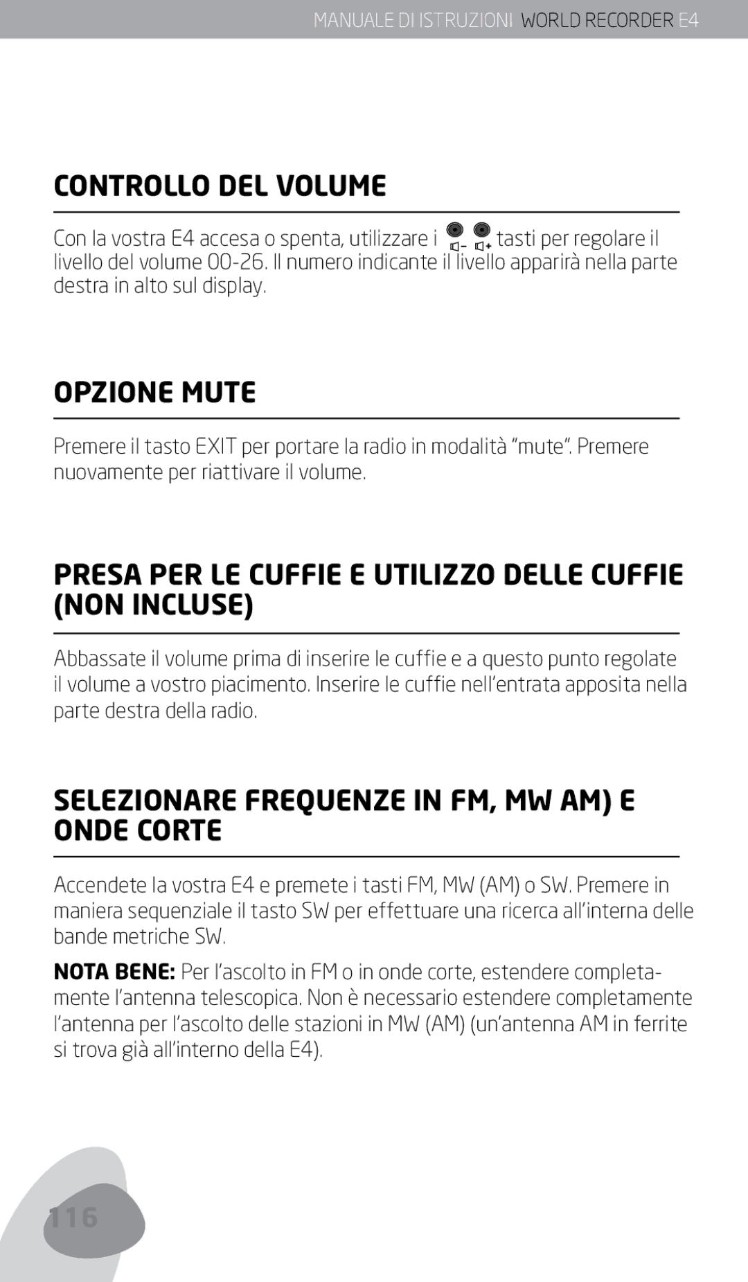 Eton E4 owner manual Controllo DEL Volume, Opzione Mute, Presa PER LE Cuffie E Utilizzo Delle Cuffie NON Incluse 