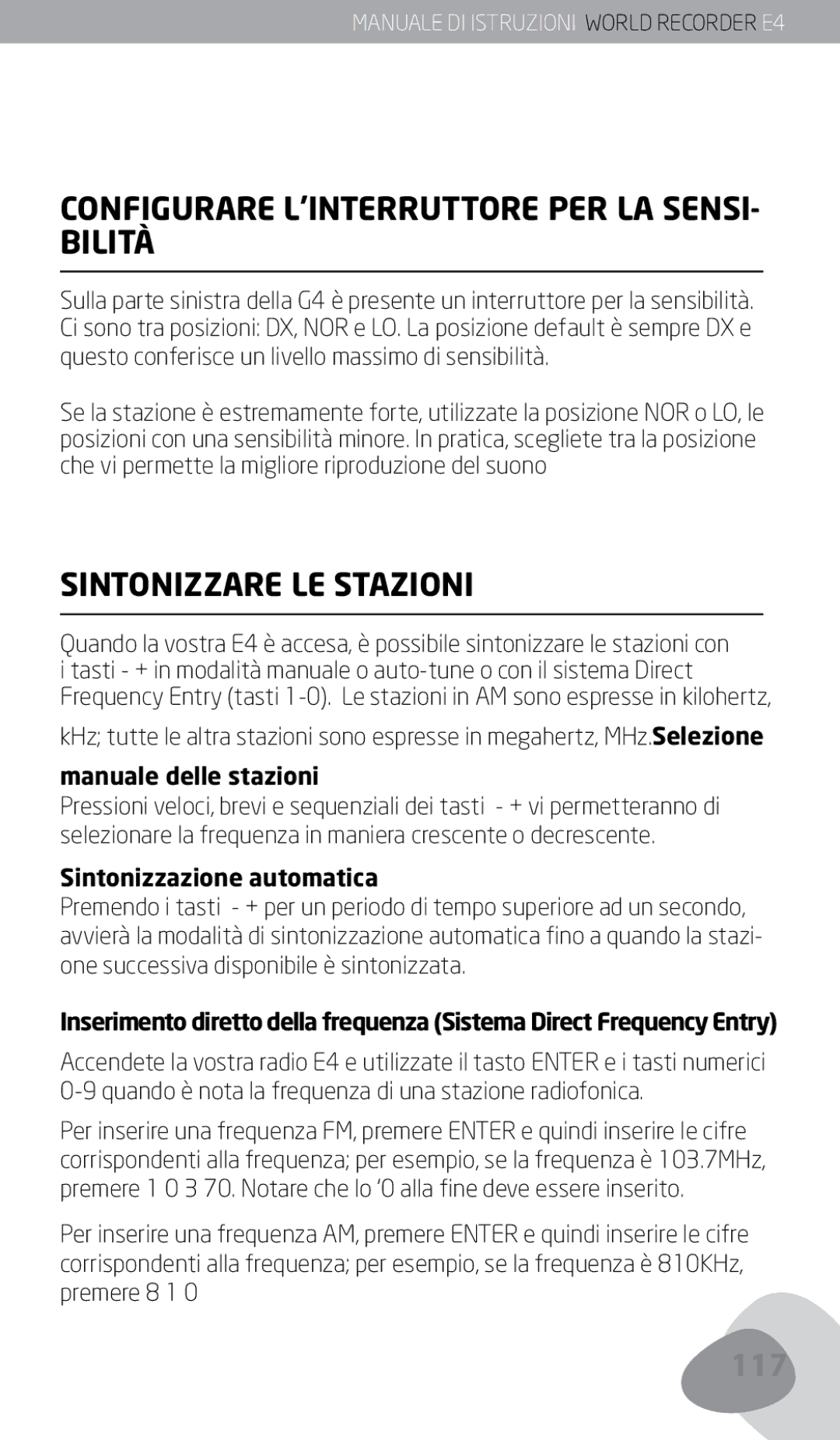 Eton E4 owner manual Configurare L’INTERRUTTORE PER LA SENSI- Bilità, Sintonizzare LE Stazioni, Manuale delle stazioni 