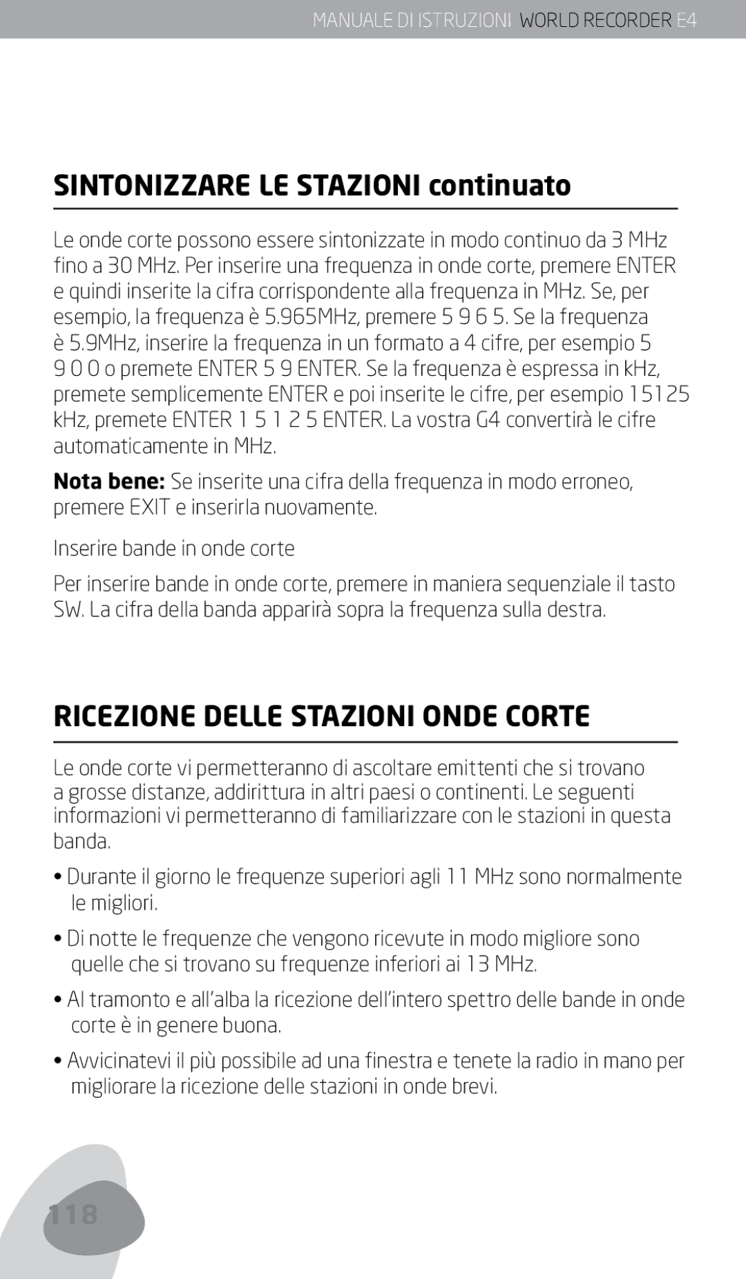 Eton E4 owner manual Sintonizzare LE Stazioni continuato, Ricezione Delle Stazioni Onde Corte 