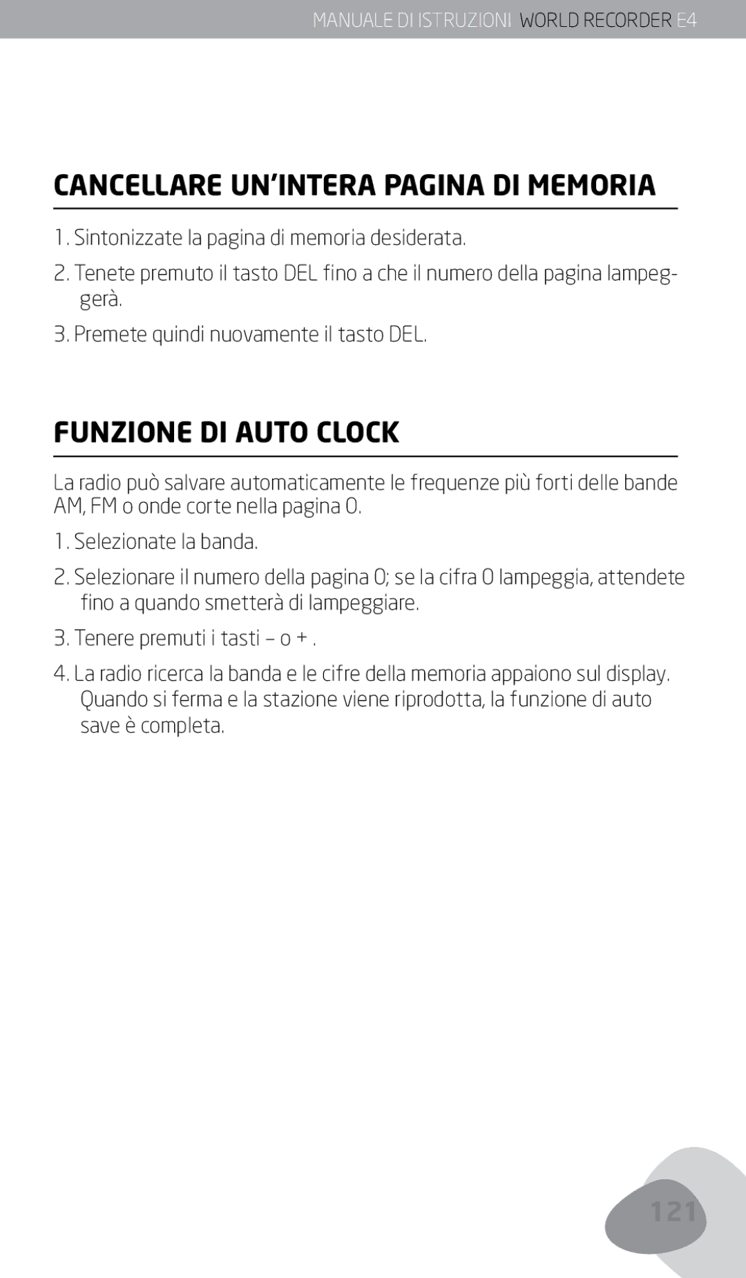 Eton E4 owner manual Cancellare UN’INTERA Pagina DI Memoria, Funzione DI Auto Clock 