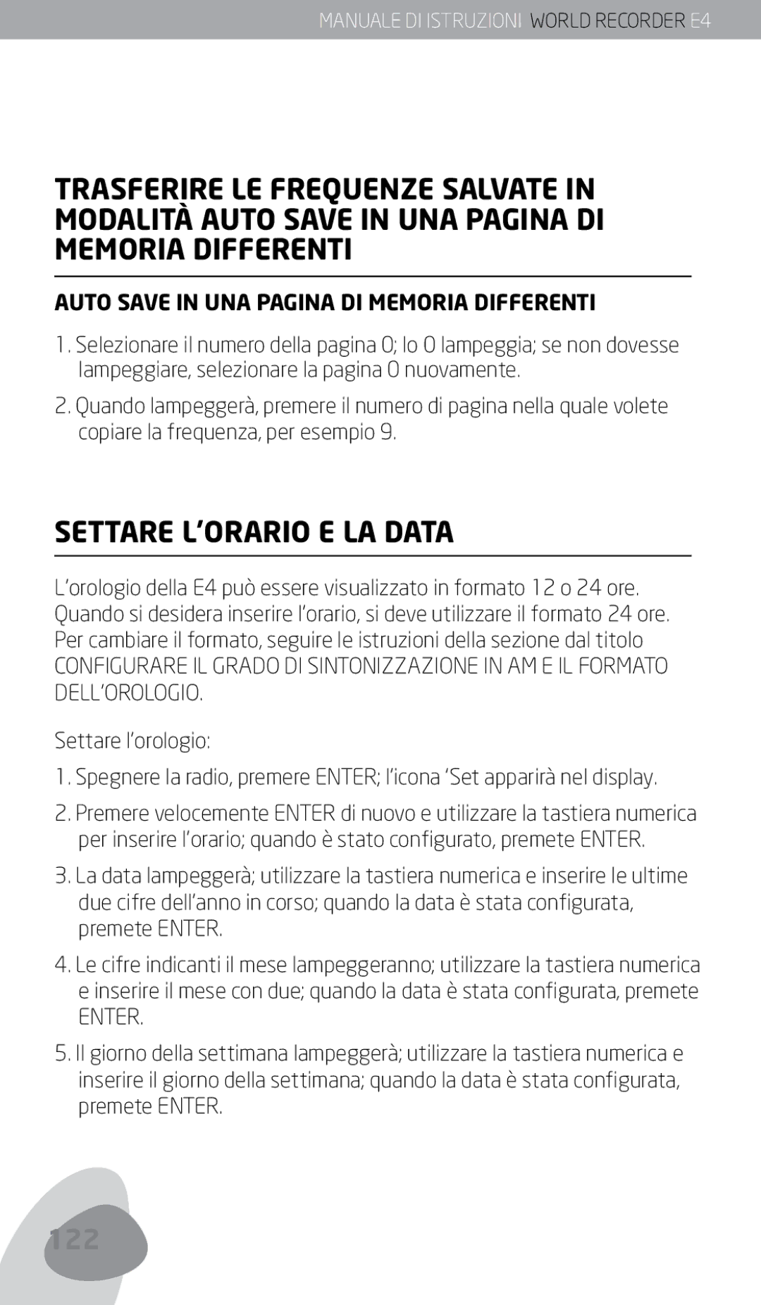 Eton E4 owner manual Settare L’ORARIO E LA Data, Settare l’orologio 