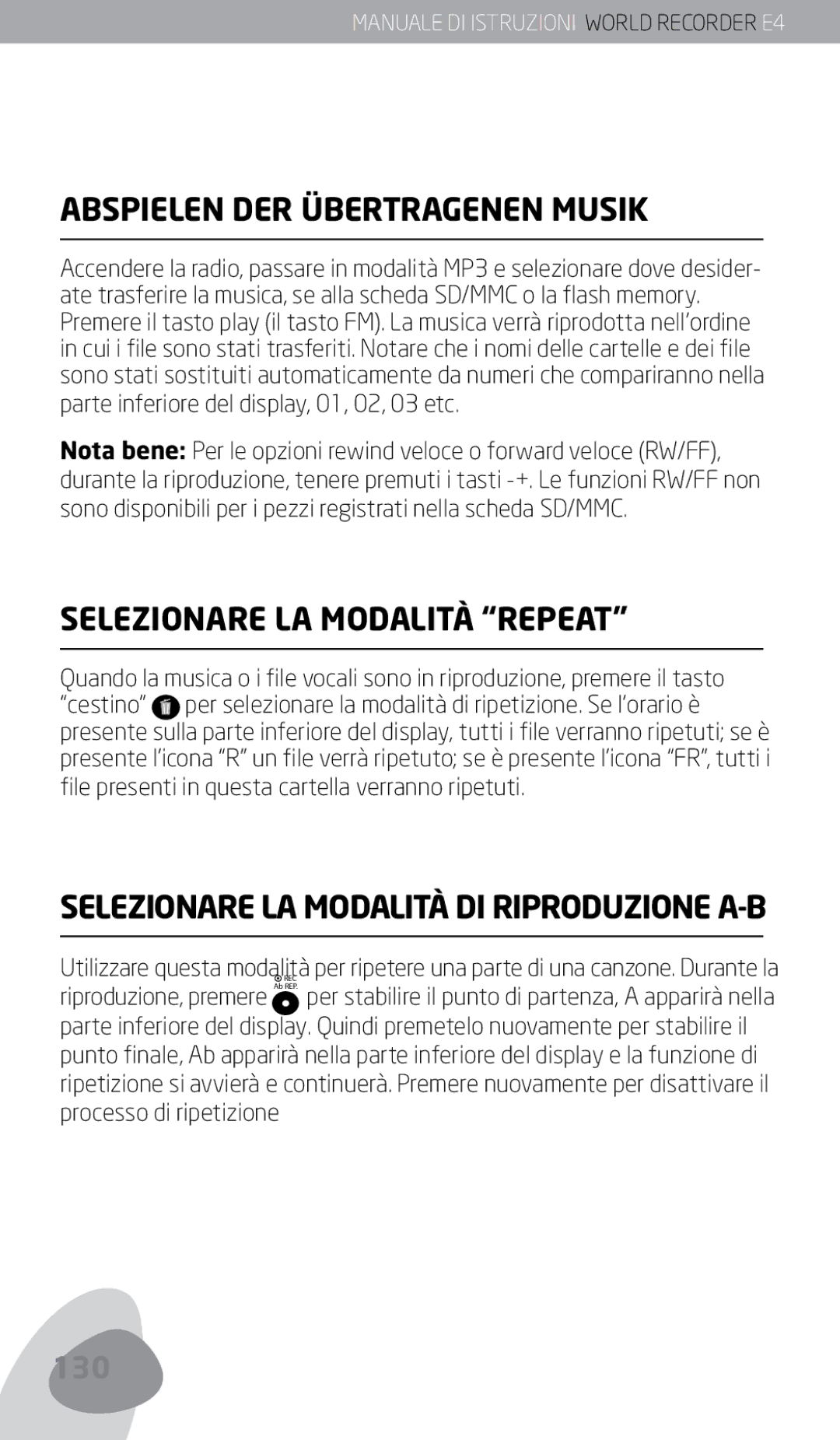 Eton E4 owner manual Selezionare LA Modalità Repeat, Parte inferiore del display, 01, 02, 03 etc 