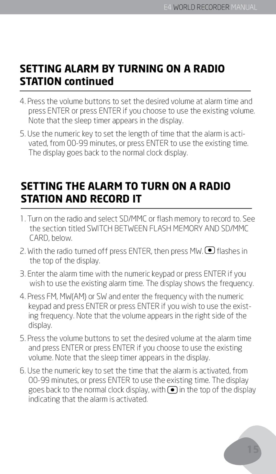 Eton E4 Setting Alarm by Turning on a Radio Station, Setting the Alarm to Turn on a Radio Station and Record IT 