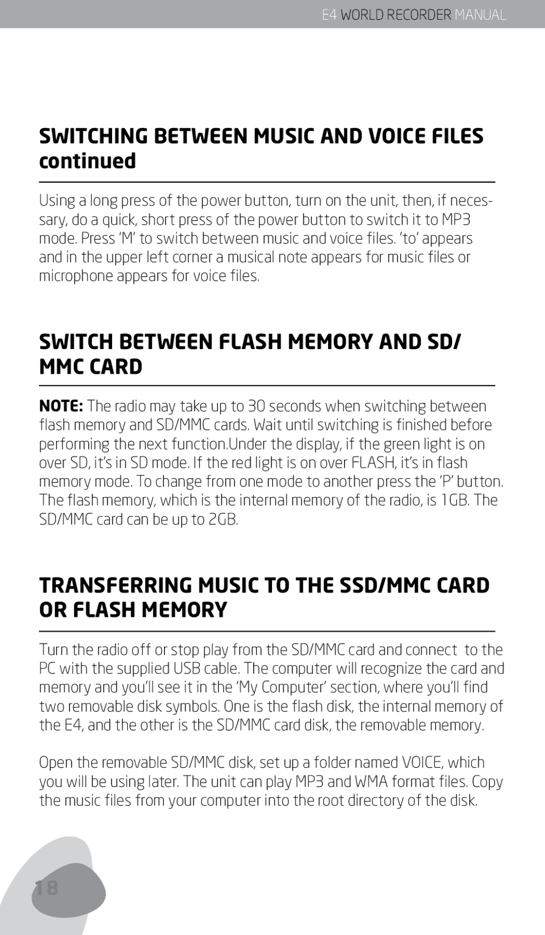 Eton E4 owner manual Switching Between Music and Voice Files 