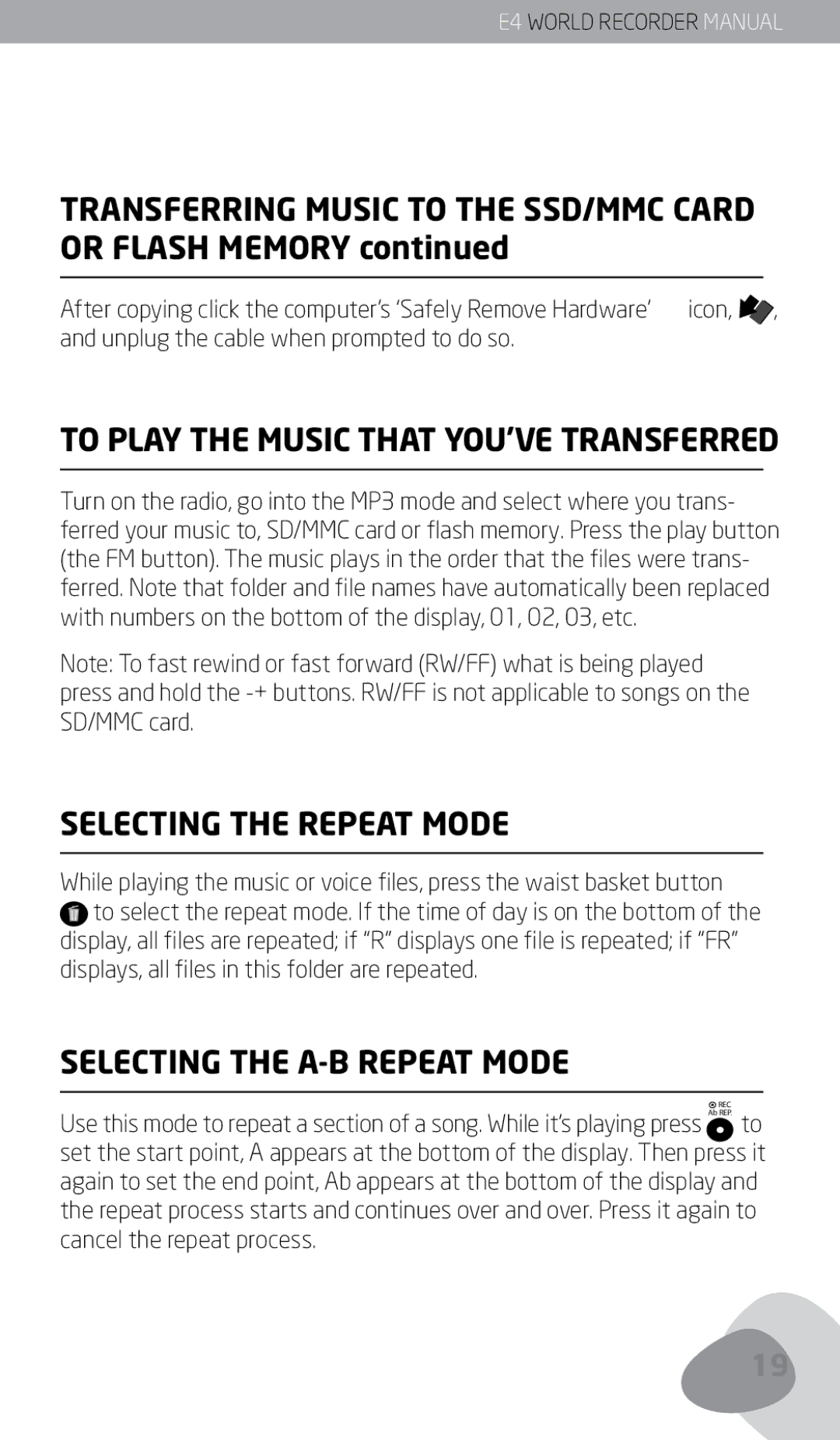 Eton E4 Transferring Music to the SSD/MMC Card or Flash Memory, Selecting the Repeat Mode, Selecting the A-B Repeat Mode 