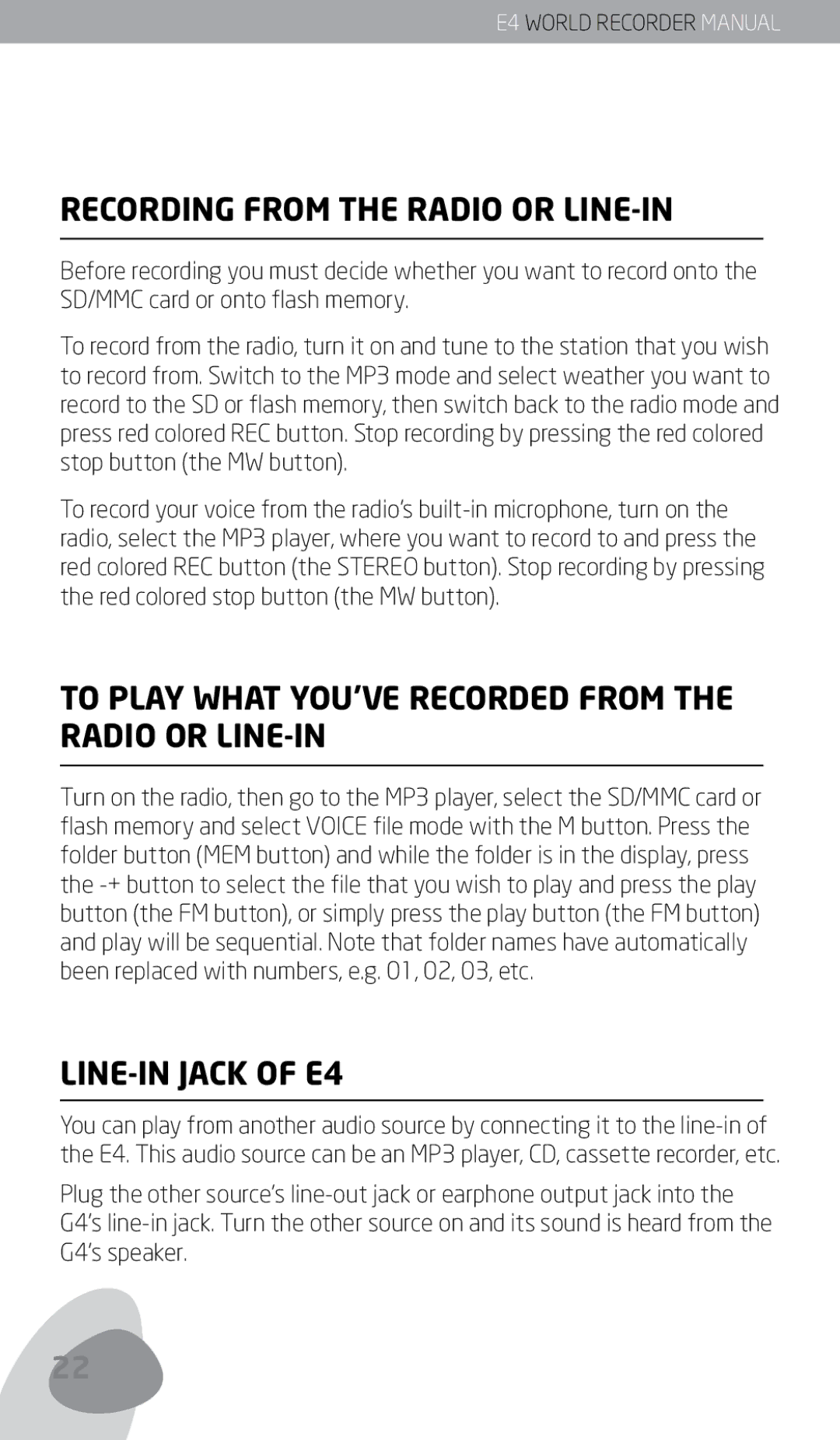 Eton Recording from the Radio or LINE-IN, To Play What YOU’VE Recorded from the Radio or LINE-IN, LINE-IN Jack of E4 