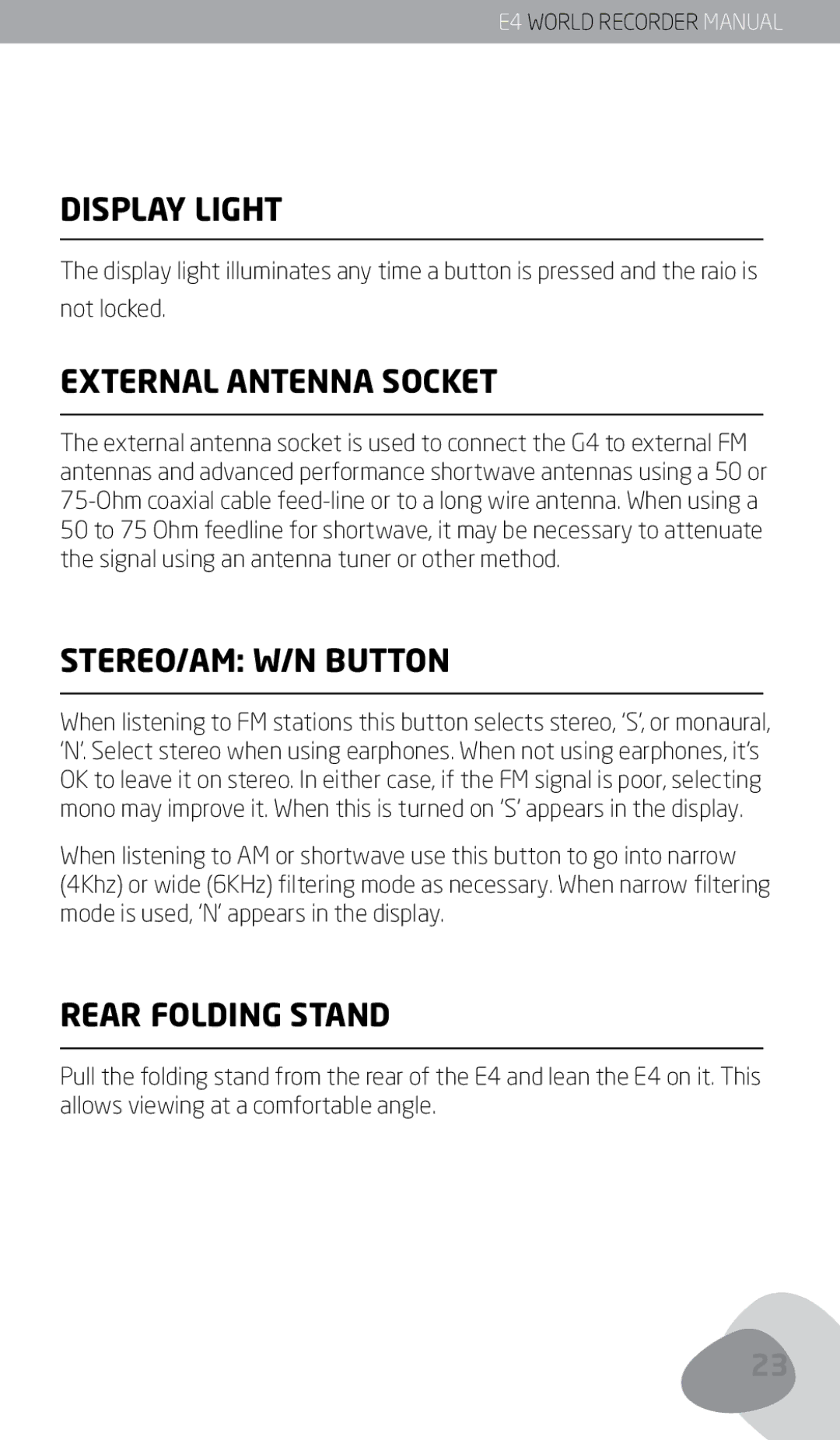 Eton E4 owner manual Display Light, External Antenna Socket, STEREO/AM W/N Button, Rear Folding Stand, Not locked 