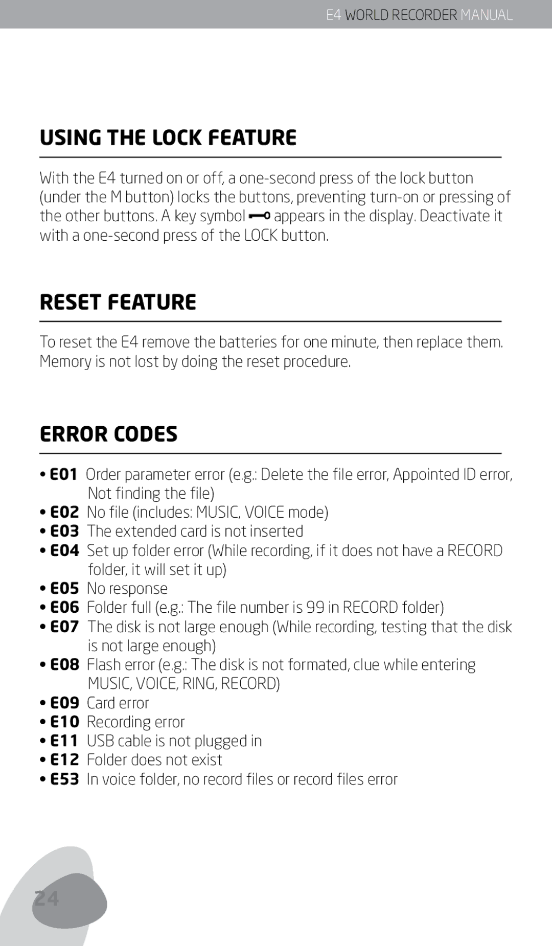 Eton E4 owner manual Using the Lock Feature, Reset Feature, Error Codes 