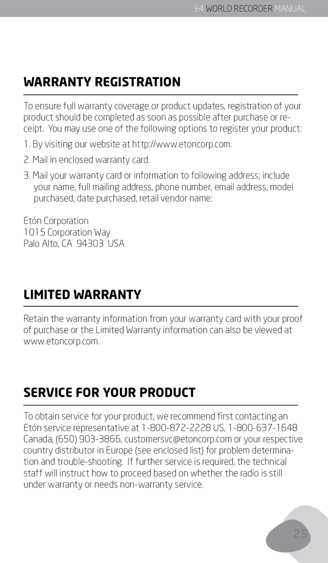 Eton E4 owner manual Warranty Registration, Limited Warranty Service for Your Product, Mail in enclosed warranty card 