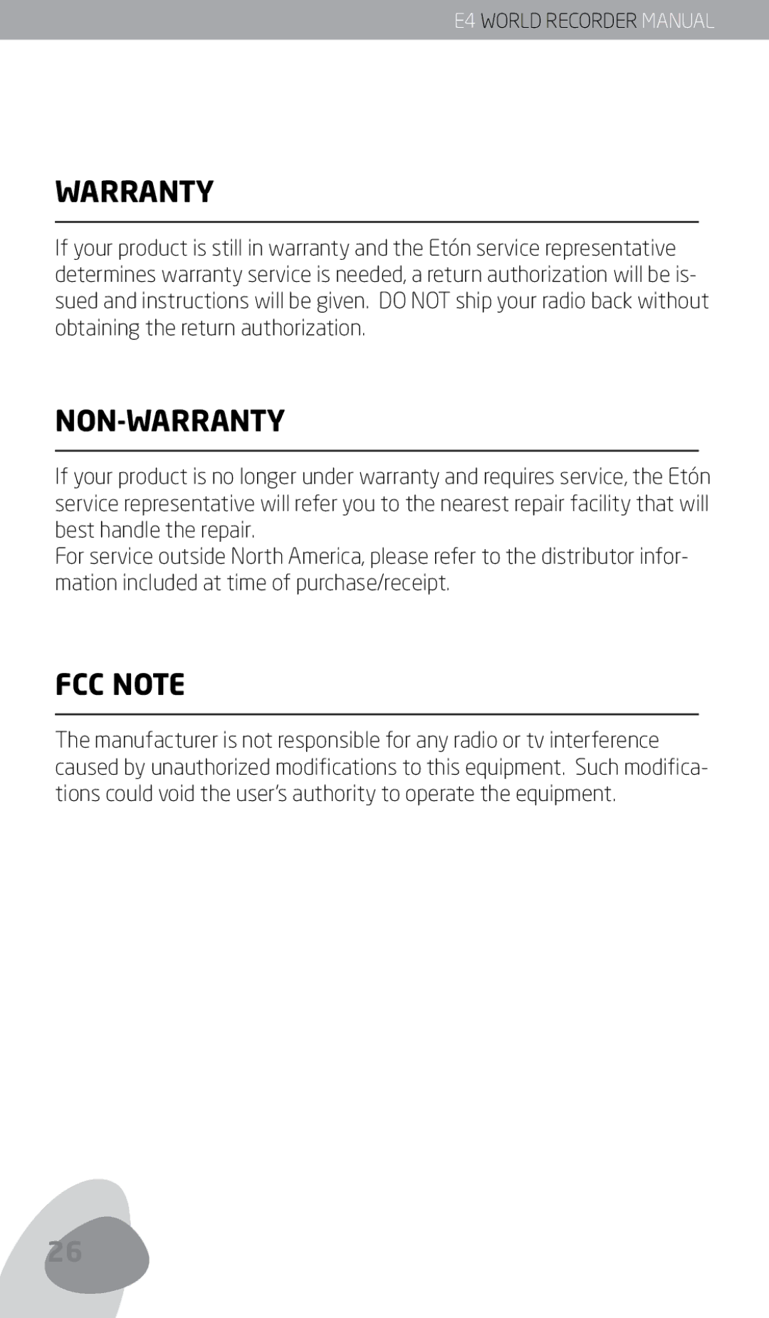 Eton E4 owner manual Non-Warranty, FCC Note 