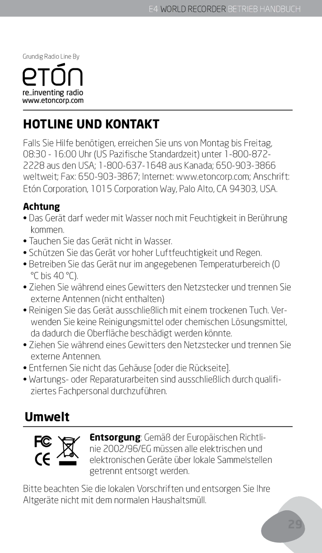 Eton E4 owner manual Hotline UND Kontakt, Umwelt, Achtung 