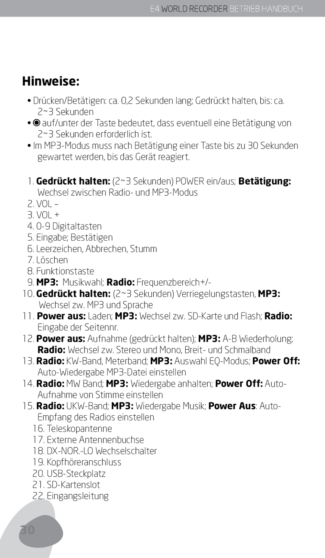 Eton E4 owner manual Hinweise, Radio Wechsel zw. Stereo und Mono, Breit- und Schmalband 