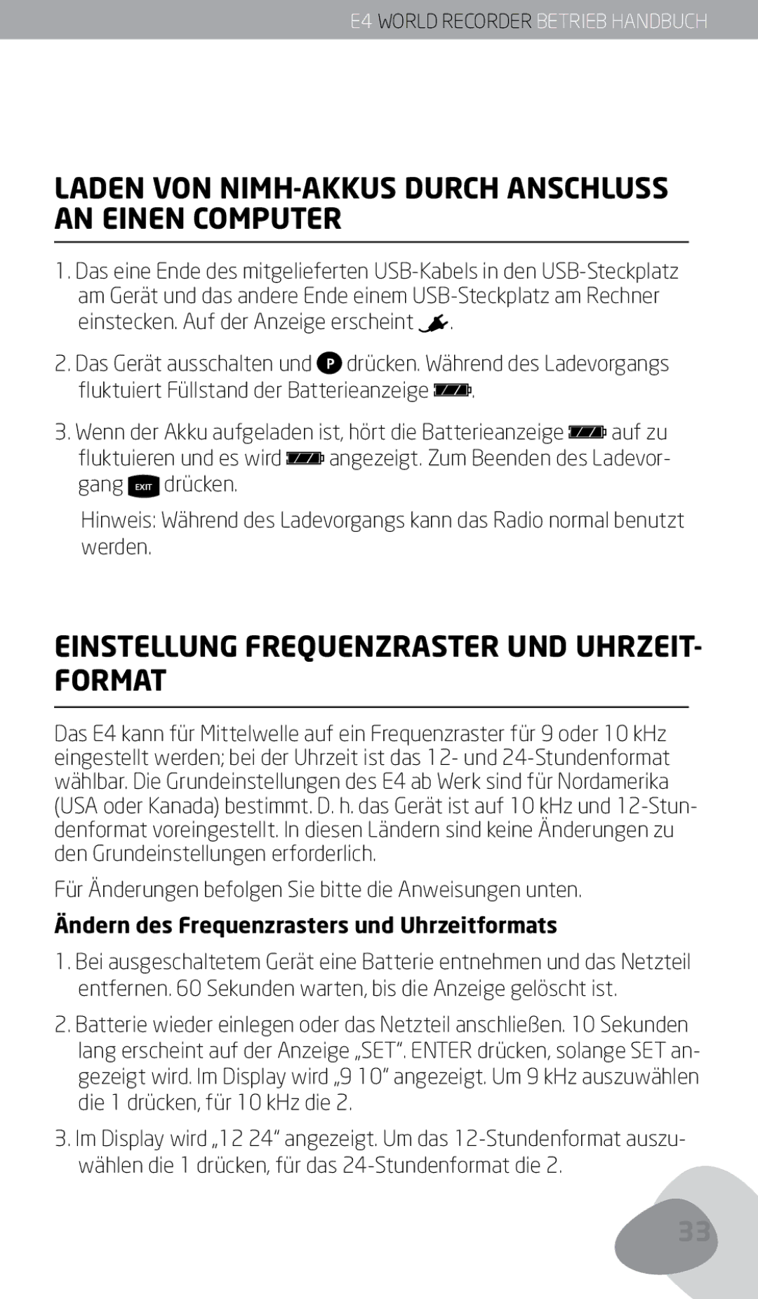 Eton E4 owner manual Laden VON NIMH-AKKUS Durch Anschluss AN Einen Computer, Einstellung Frequenzraster UND UHRZEIT- Format 