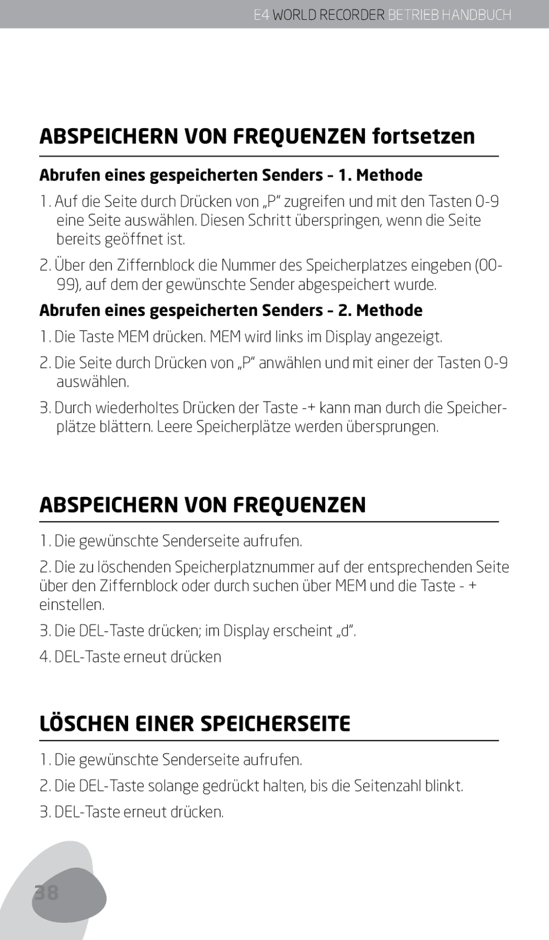 Eton E4 Abspeichern VON Frequenzen fortsetzen, Löschen Einer Speicherseite, Abrufen eines gespeicherten Senders 1. Methode 