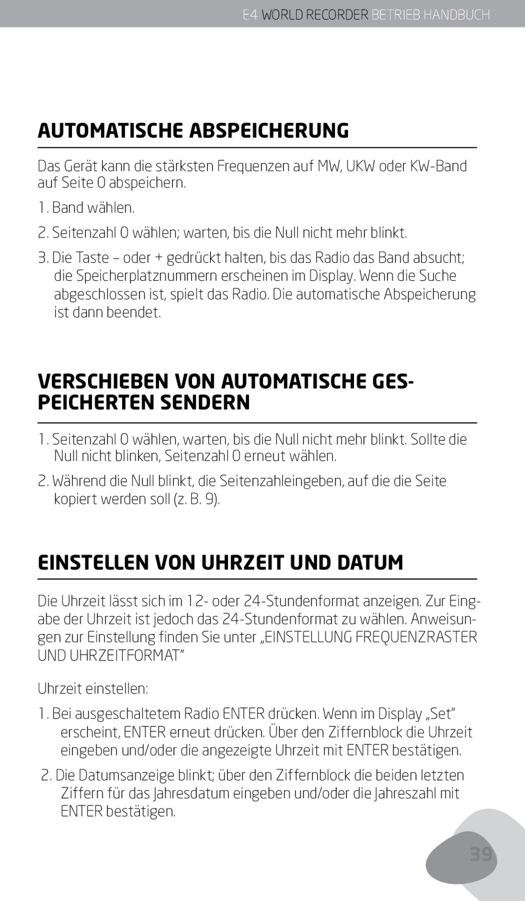 Eton E4 Automatische Abspeicherung, Verschieben VON Automatische GES- Peicherten Sendern, Einstellen VON Uhrzeit UND Datum 