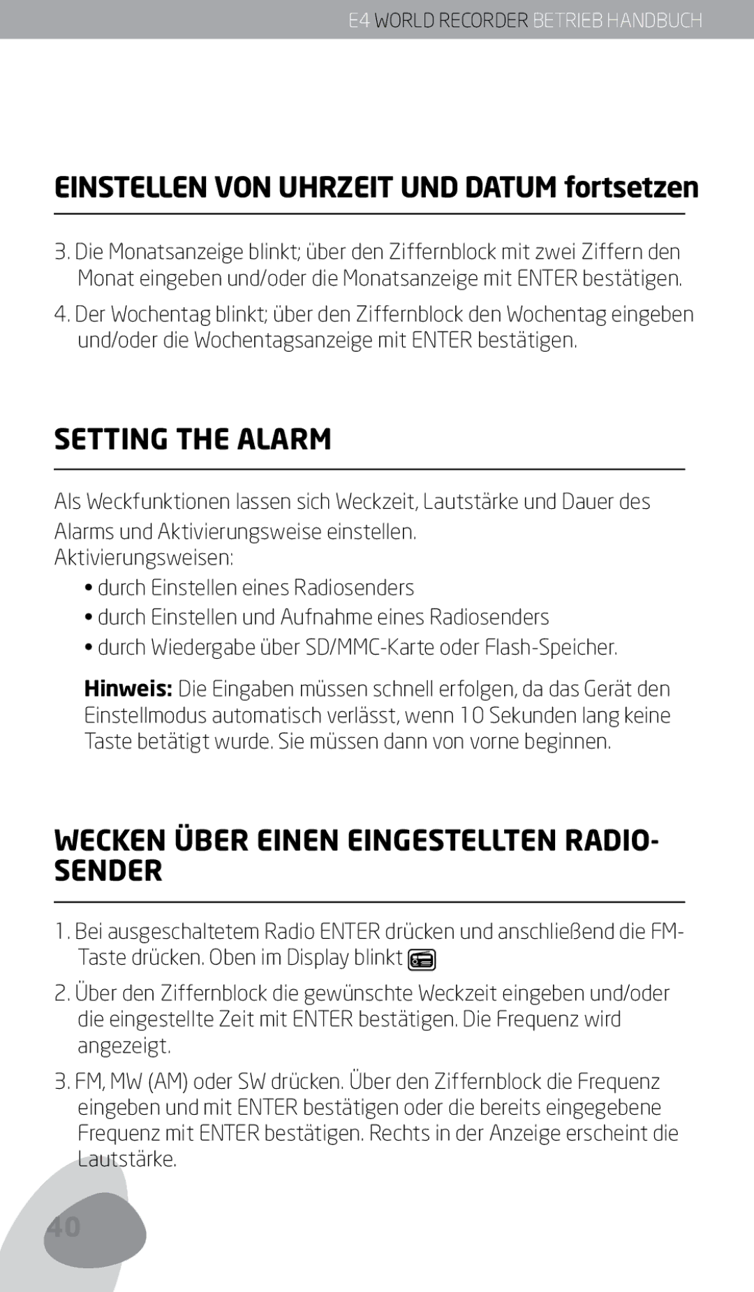 Eton E4 owner manual Wecken Über Einen Eingestellten RADIO- Sender, Einstellen VON Uhrzeit UND Datum fortsetzen 