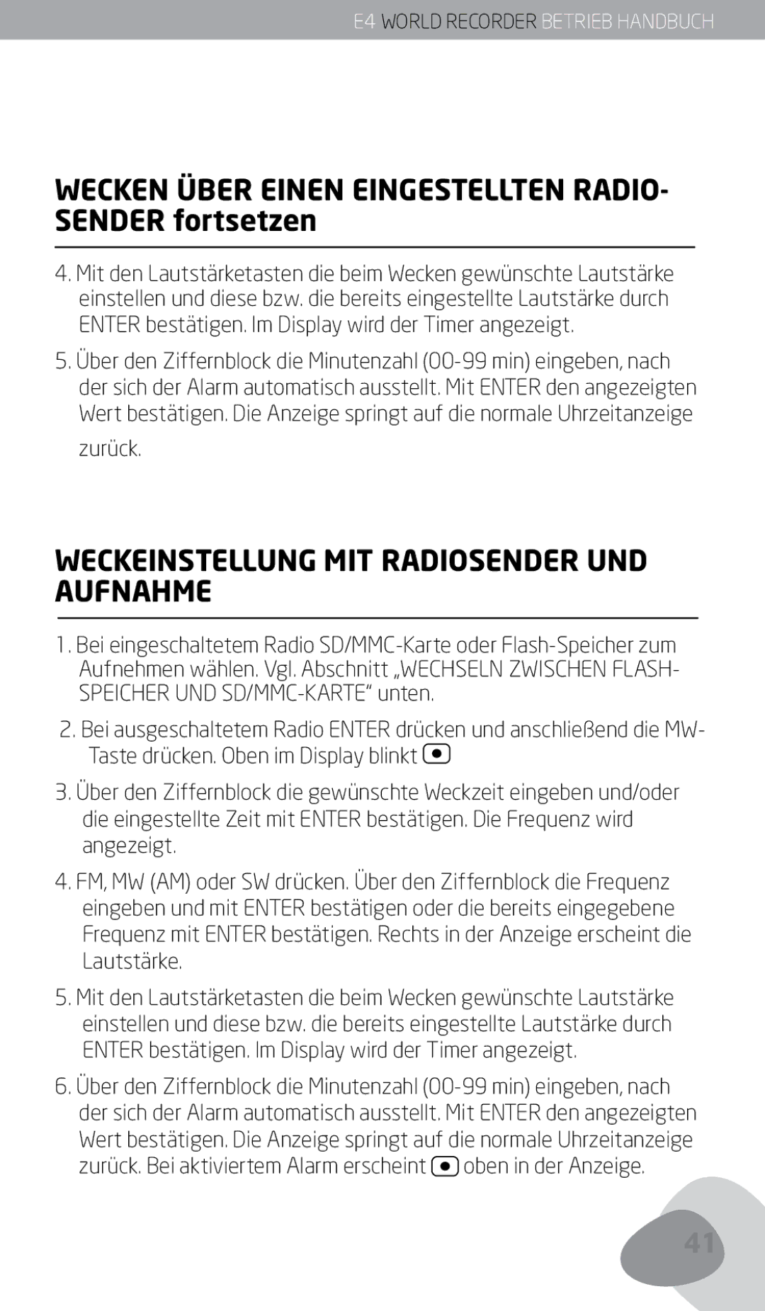 Eton E4 Wecken Über Einen Eingestellten RADIO- Sender fortsetzen, Weckeinstellung MIT Radiosender UND Aufnahme, Zurück 