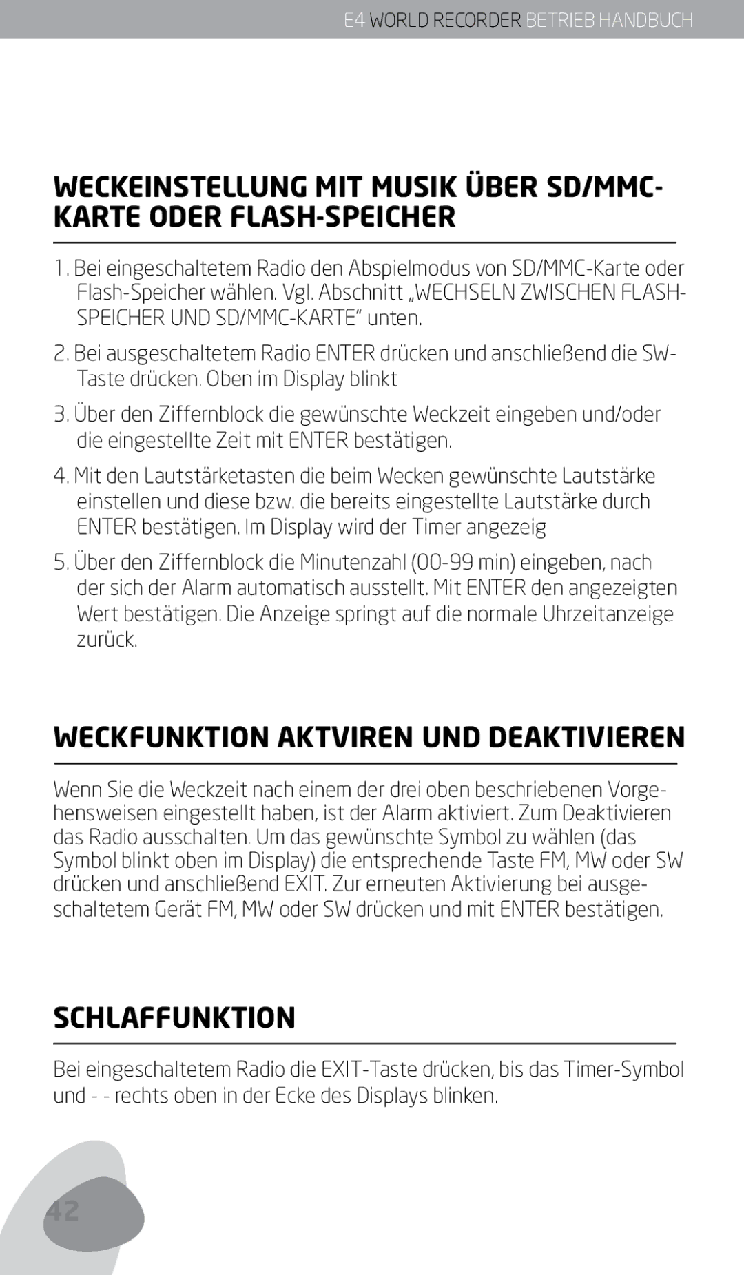 Eton E4 owner manual Weckfunktion Aktviren UND Deaktivieren, Schlaffunktion 