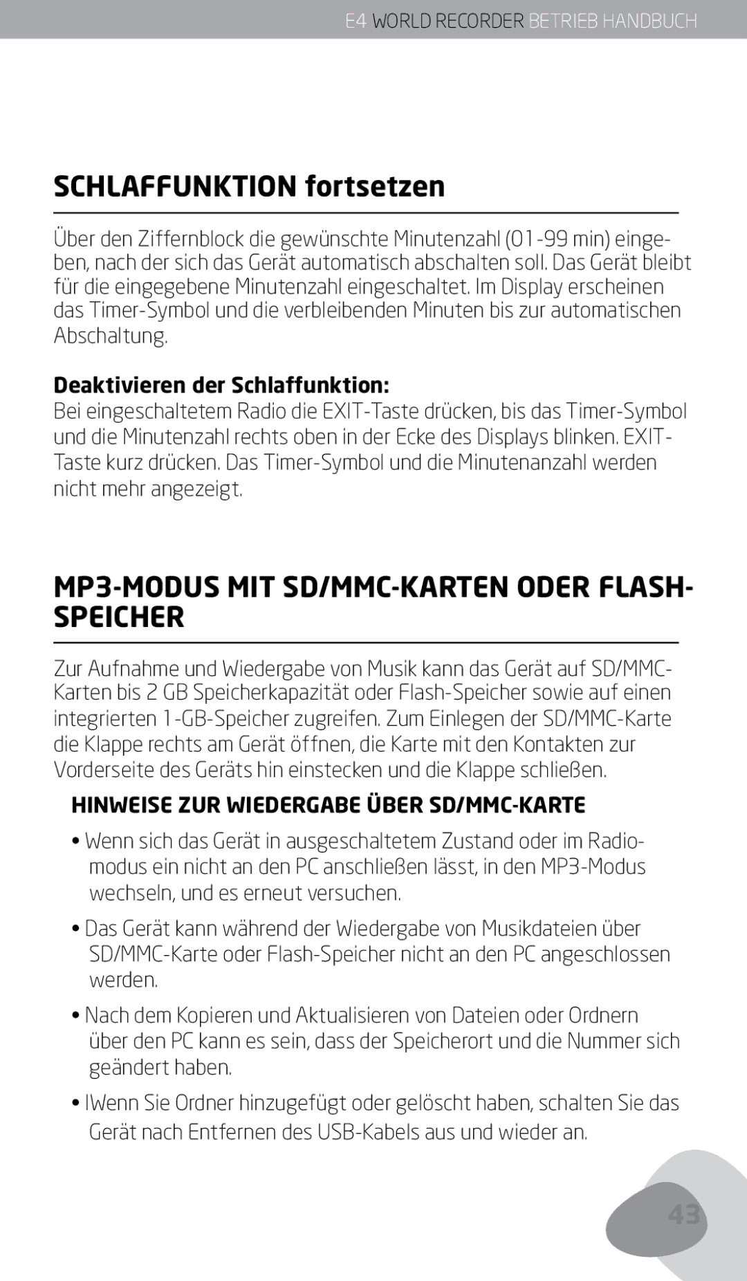 Eton E4 Schlaffunktion fortsetzen, MP3-MODUS MIT SD/MMC-KARTEN Oder FLASH- Speicher, Abschaltung, Nicht mehr angezeigt 