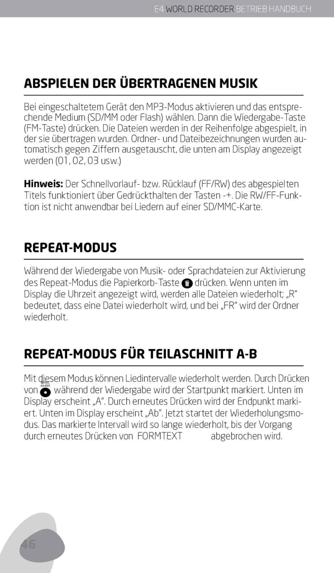 Eton E4 Abspielen DER Übertragenen Musik, Repeat-Modus, REPEAT-MODUS FÜR Teilaschnitt A-B, Werden 01, 02, 03 usw 