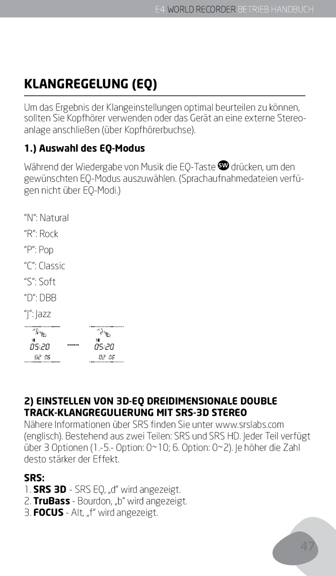 Eton E4 owner manual Klangregelung EQ, Anlage anschließen über Kopfhörerbuchse, Auswahl des EQ-Modus 