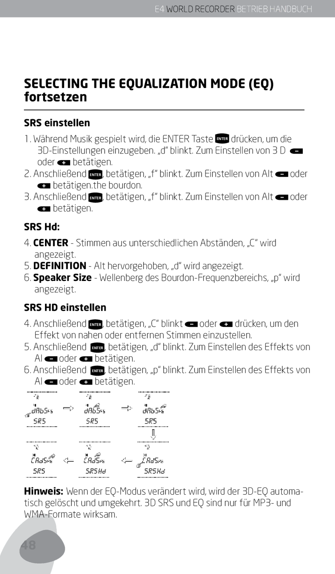 Eton E4 owner manual Selecting the Equalization Mode EQ fortsetzen, SRS einstellen, SRS HD einstellen 