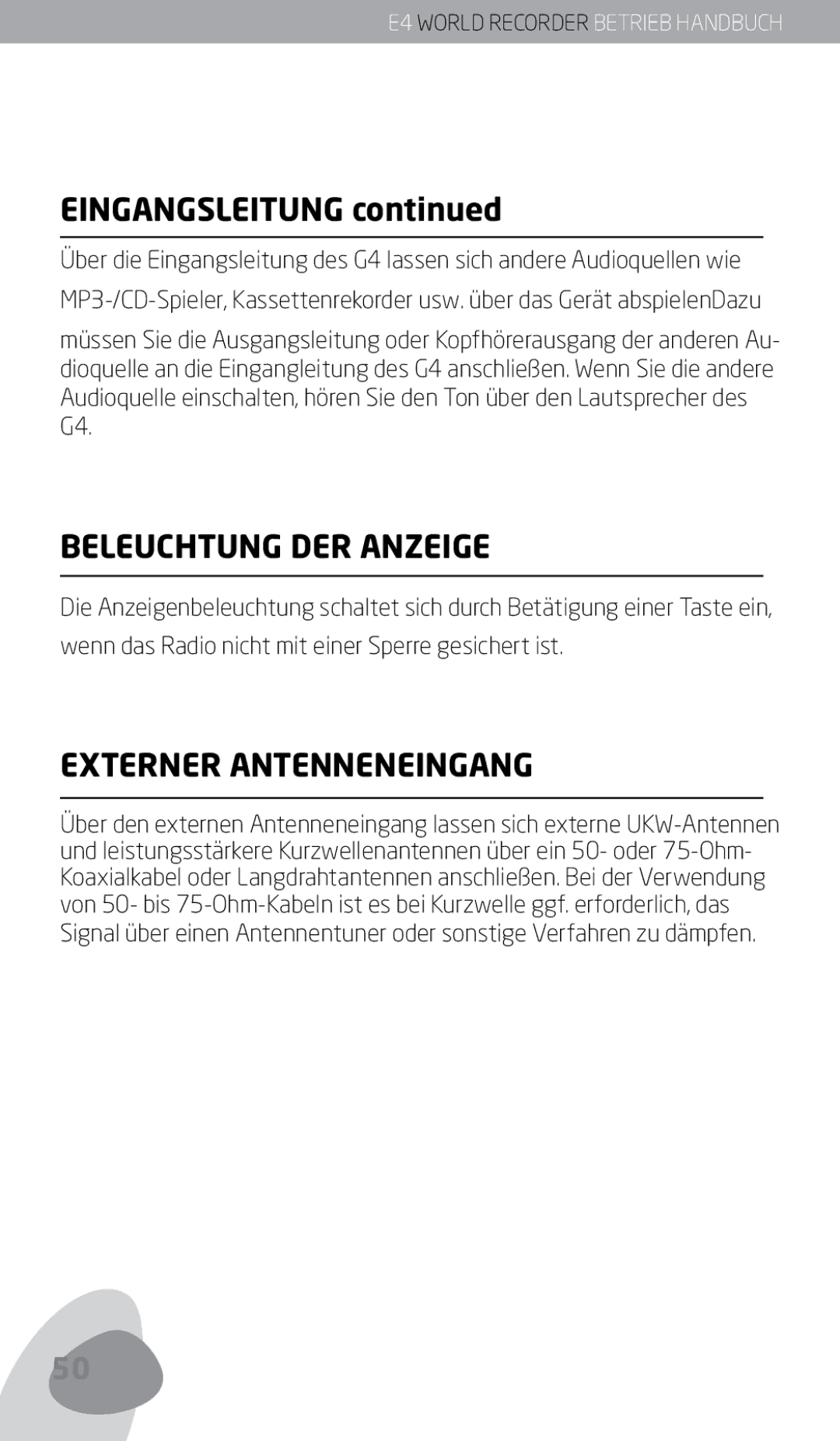 Eton E4 owner manual Eingangsleitung, Beleuchtung DER Anzeige, Externer Antenneneingang 