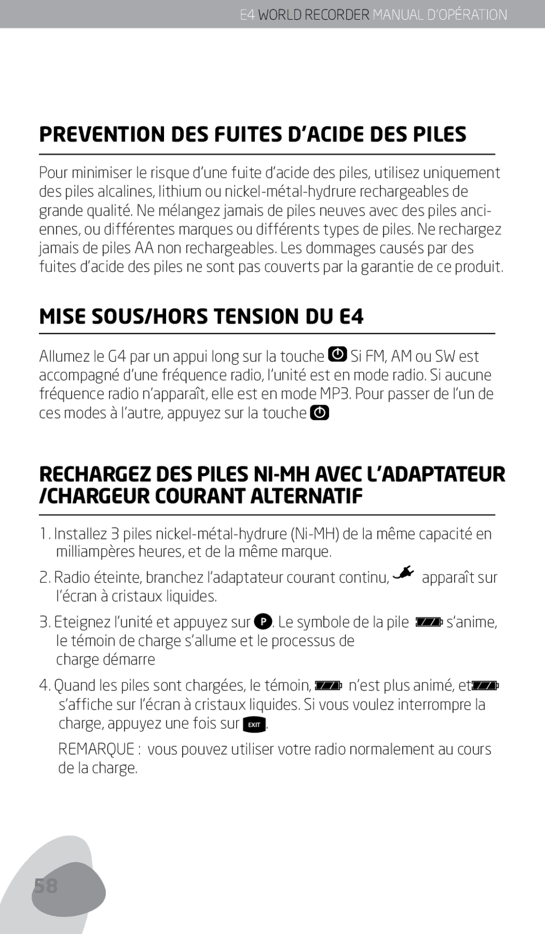 Eton owner manual Prevention DES Fuites D’ACIDE DES Piles, Mise SOUS/HORS Tension DU E4, Charge démarre 