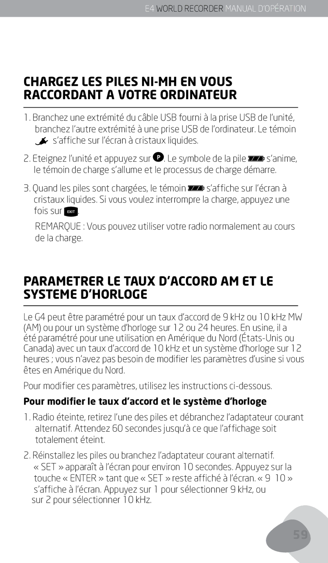 Eton E4 owner manual Parametrer LE Taux D’ACCORD AM ET LE Systeme D’HORLOGE, ’affiche sur l’écran à cristaux liquides 