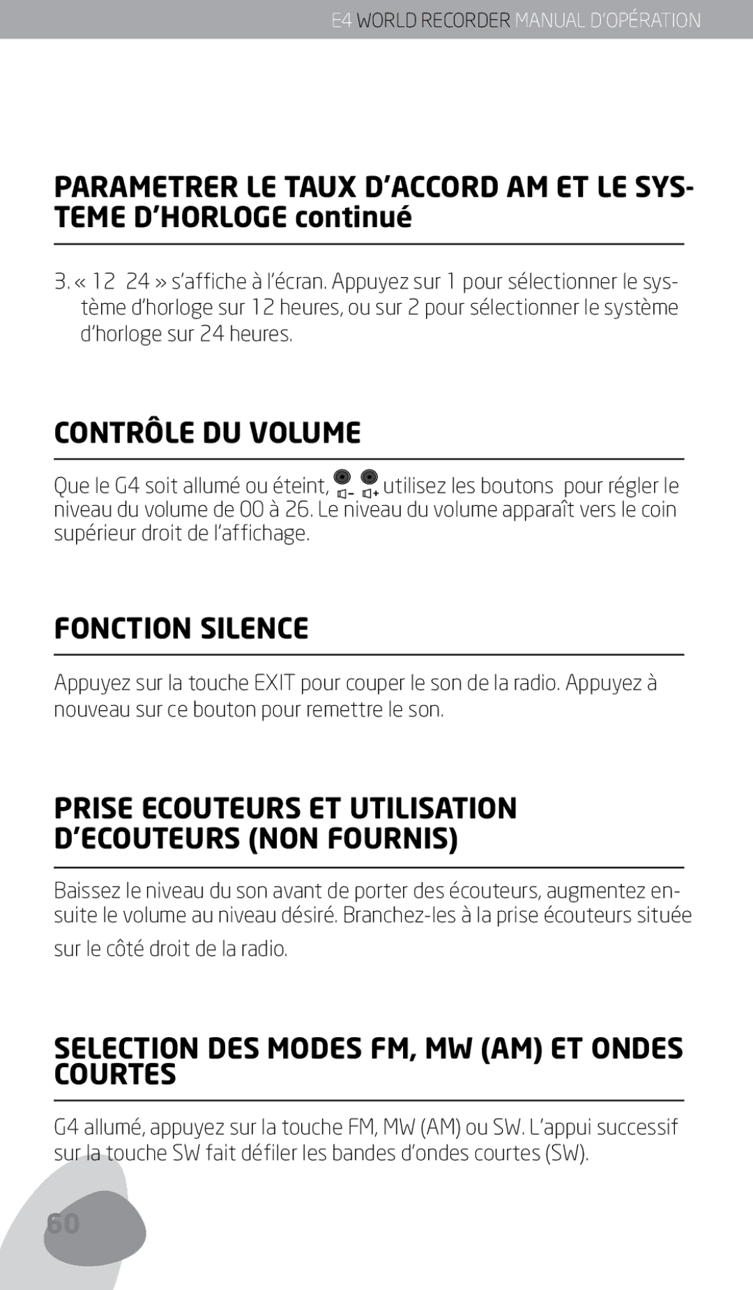 Eton E4 owner manual Contrôle DU Volume, Fonction Silence, Prise Ecouteurs ET Utilisation ’ECOUTEURS NON Fournis 