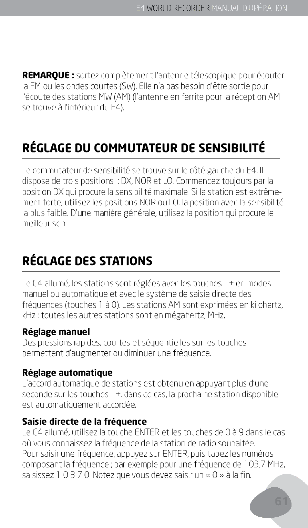 Eton E4 owner manual Réglage DU Commutateur DE Sensibilité, Réglage DES Stations, Réglage manuel, Réglage automatique 