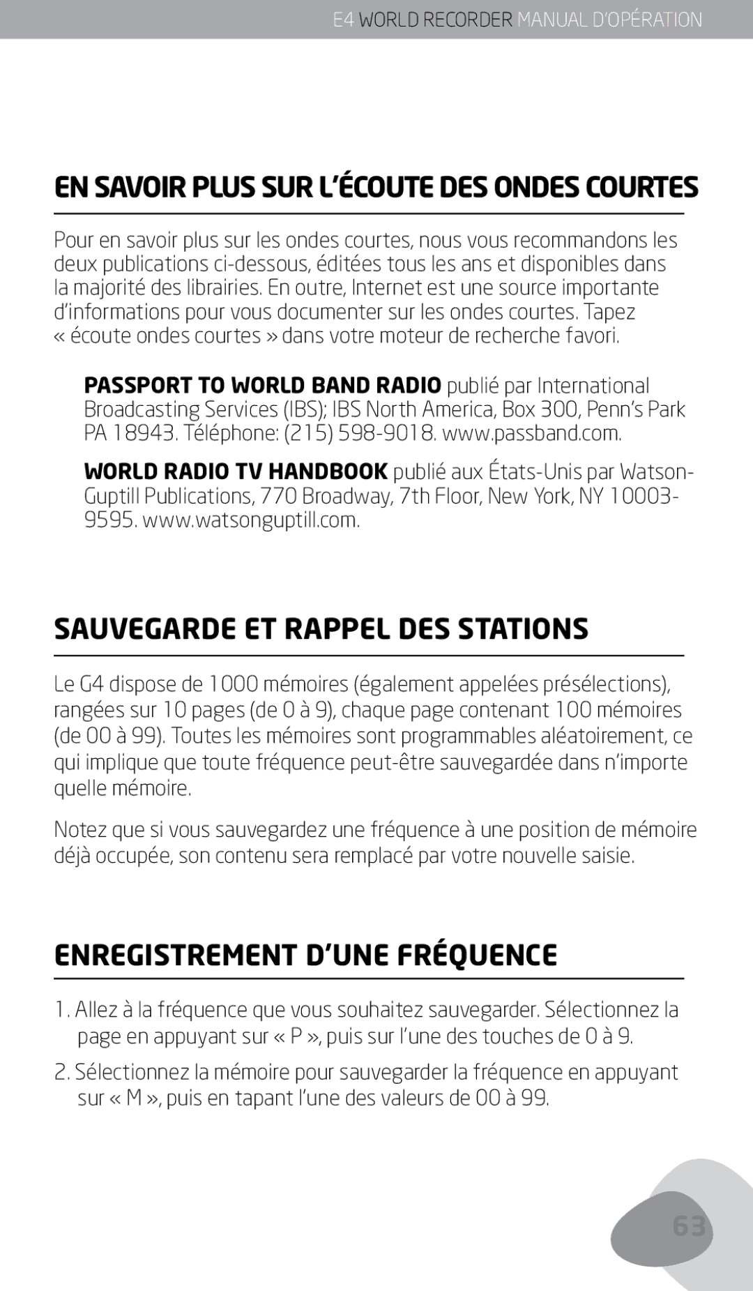 Eton E4 owner manual Sauvegarde ET Rappel DES Stations, Enregistrement D’UNE Fréquence 