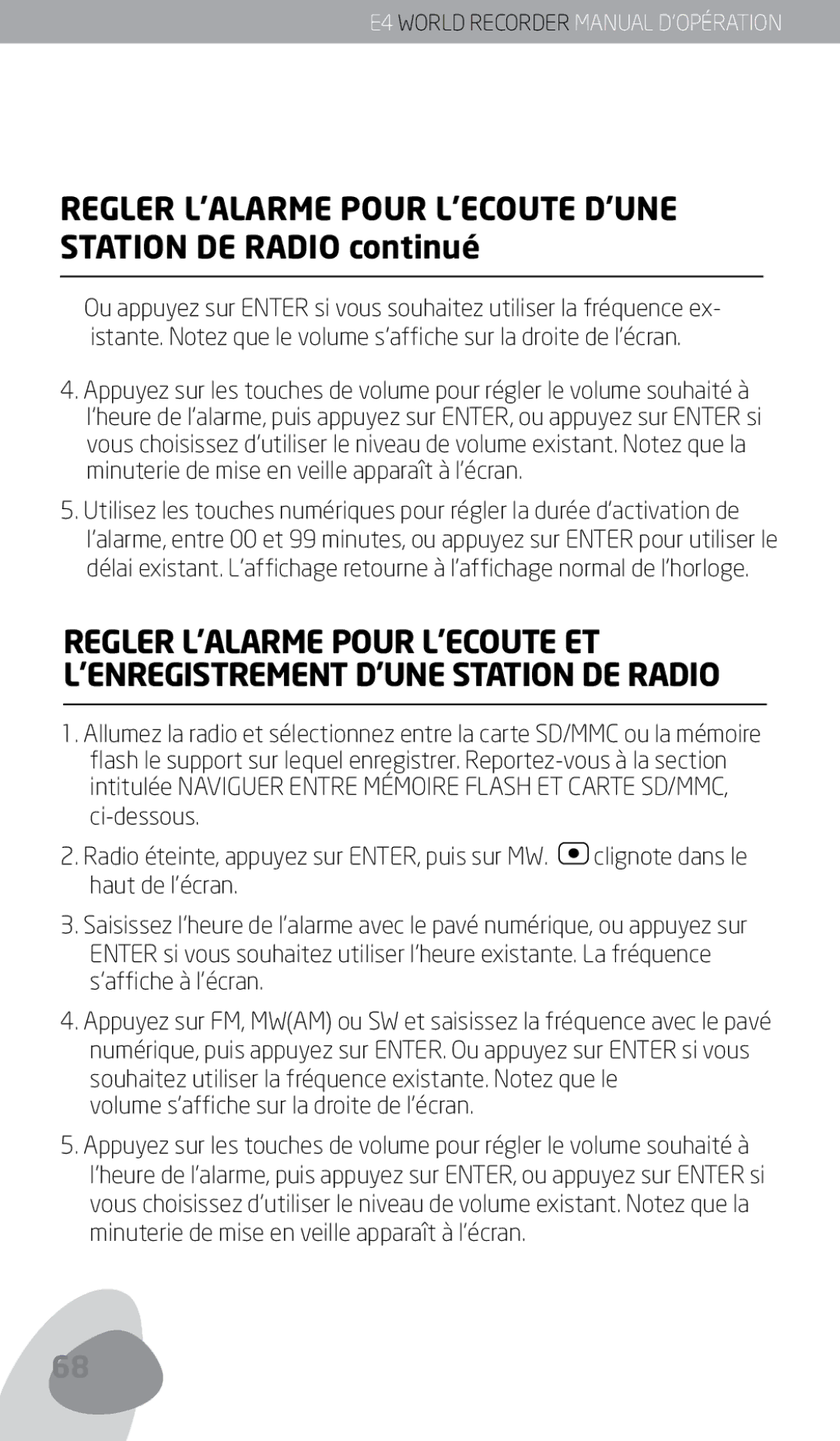 Eton owner manual E4 World Recorder Manual D’OPÉRATION 