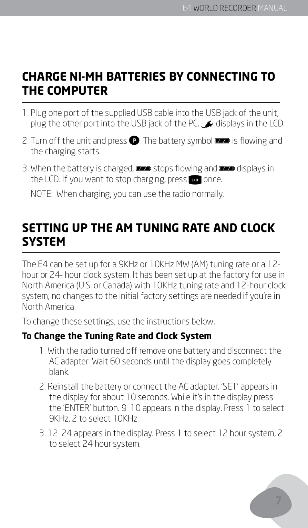 Eton E4 owner manual Charge NI-MH Batteries by Connecting to the Computer, Setting UP the AM Tuning Rate and Clock System 