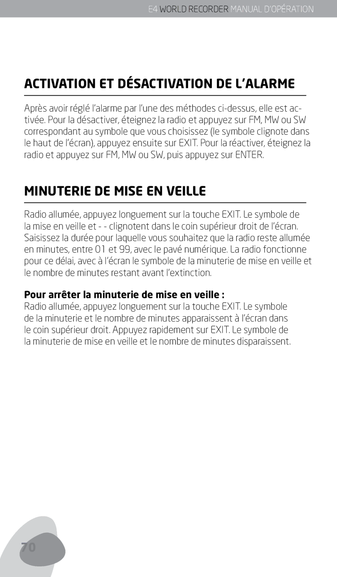 Eton E4 Activation ET Désactivation DE L’ALARME, Minuterie DE Mise EN Veille, Pour arrêter la minuterie de mise en veille  