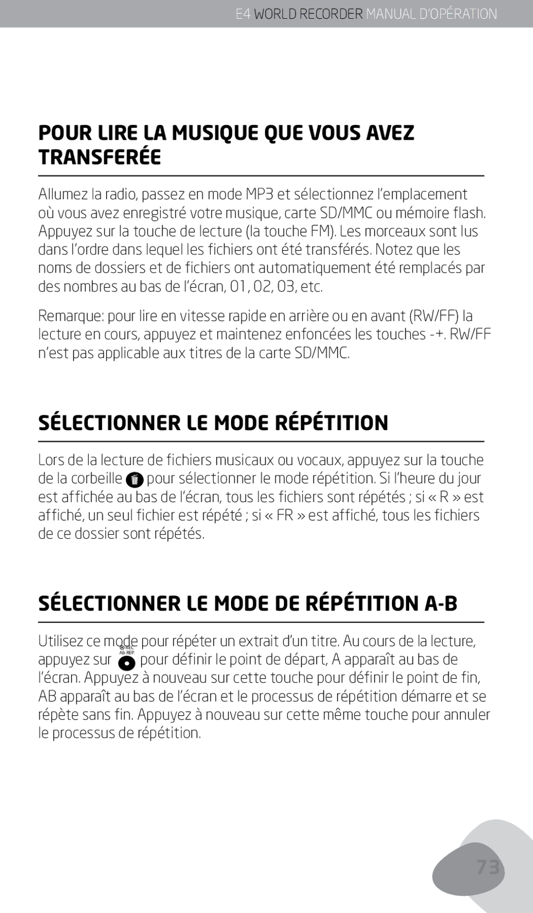 Eton E4 owner manual Pour Lire LA Musique QUE Vous Avez Transferée, Sélectionner LE Mode Répétition 