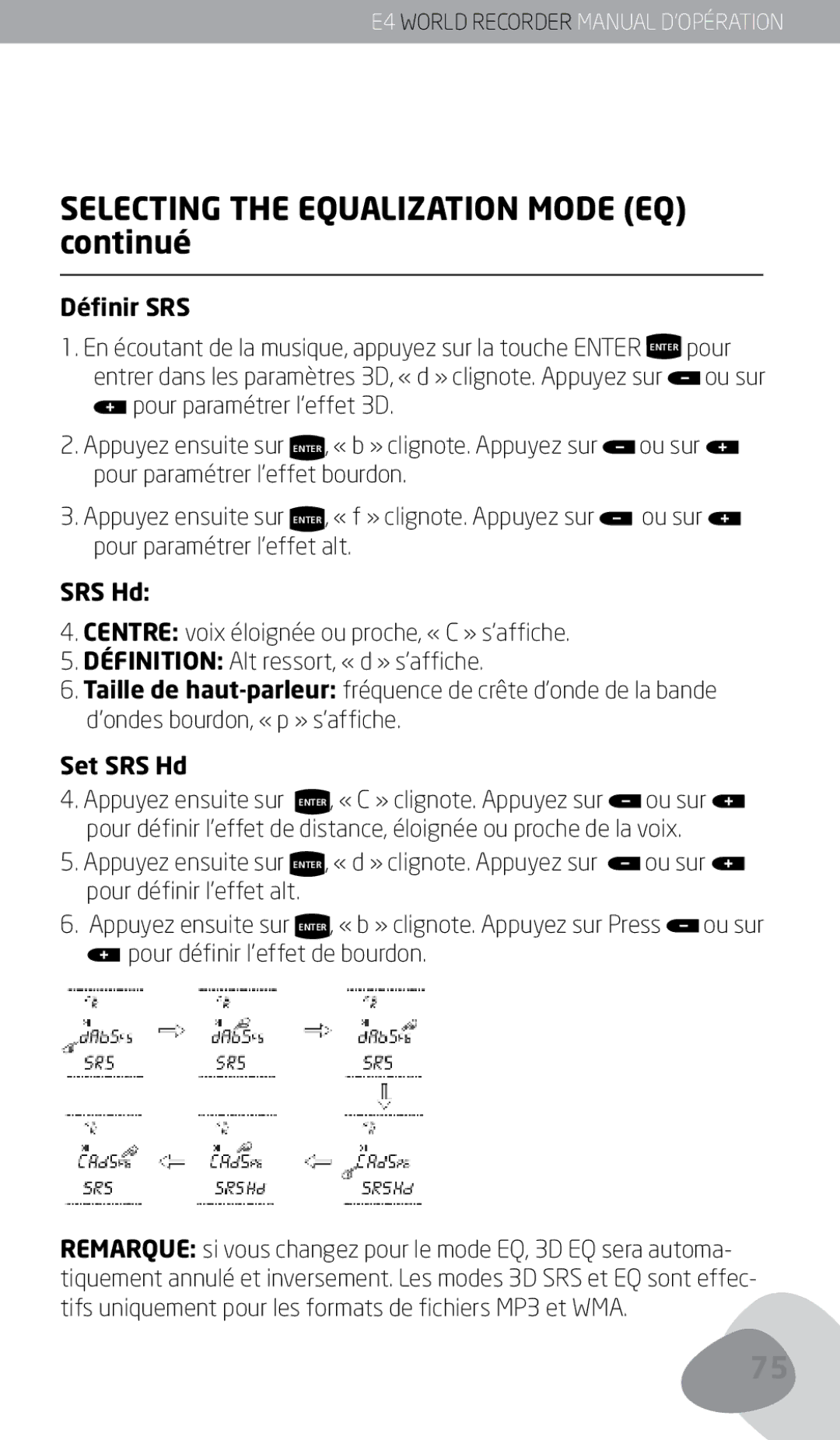 Eton E4 owner manual Selecting the Equalization Mode EQ continué, Définir SRS 