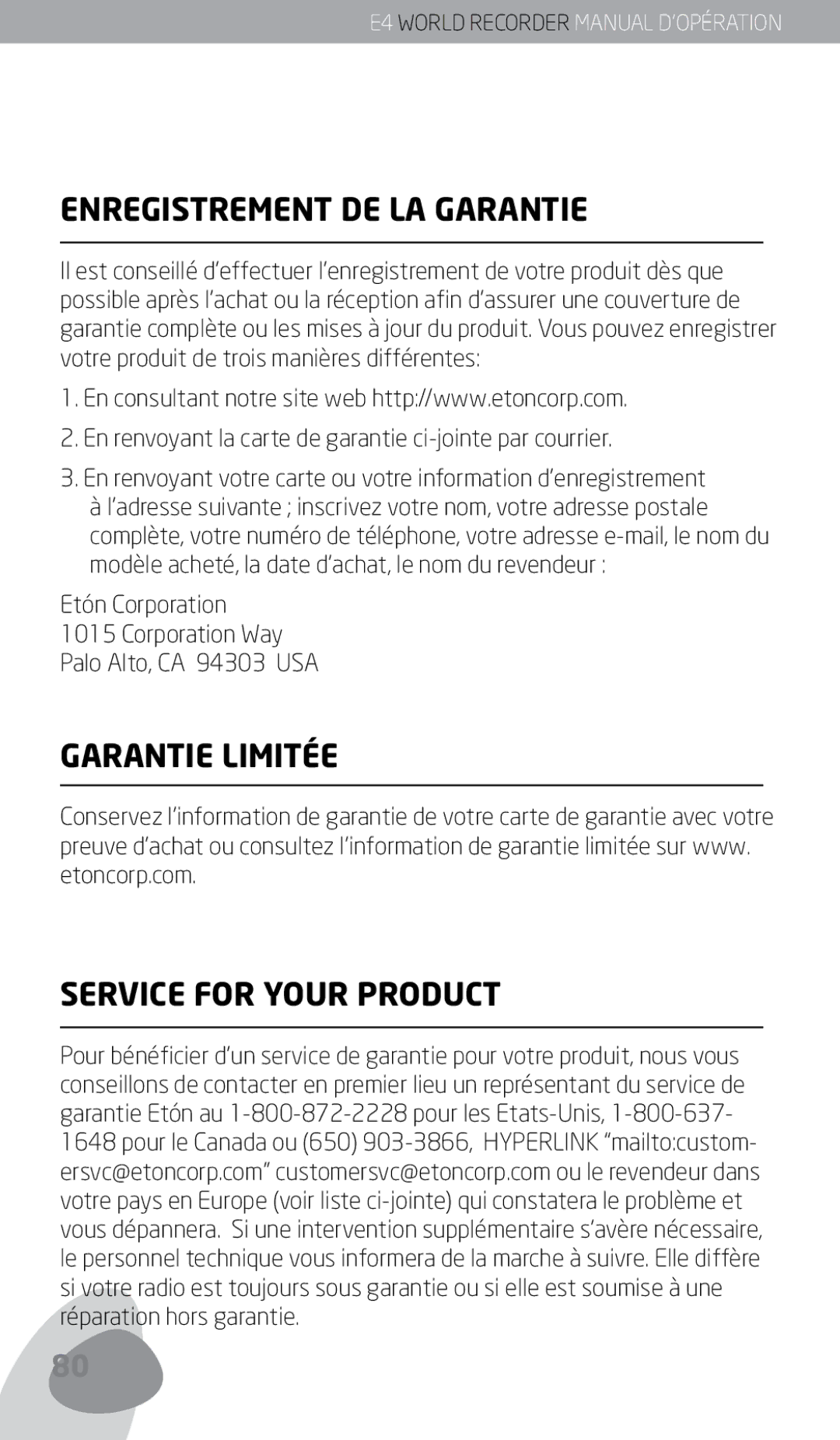 Eton E4 owner manual Enregistrement DE LA Garantie, Garantie Limitée Service for Your Product 