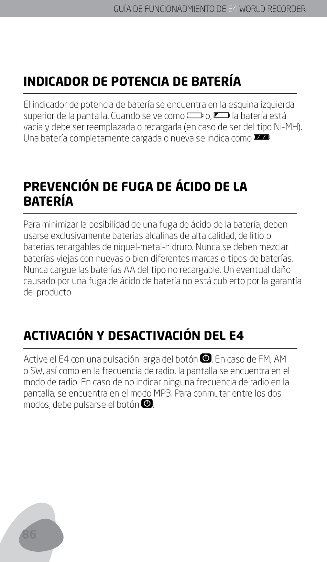 Eton Indicador DE Potencia DE Batería, Prevención DE Fuga DE Ácido DE LA Batería, Activación Y Desactivación DEL E4 