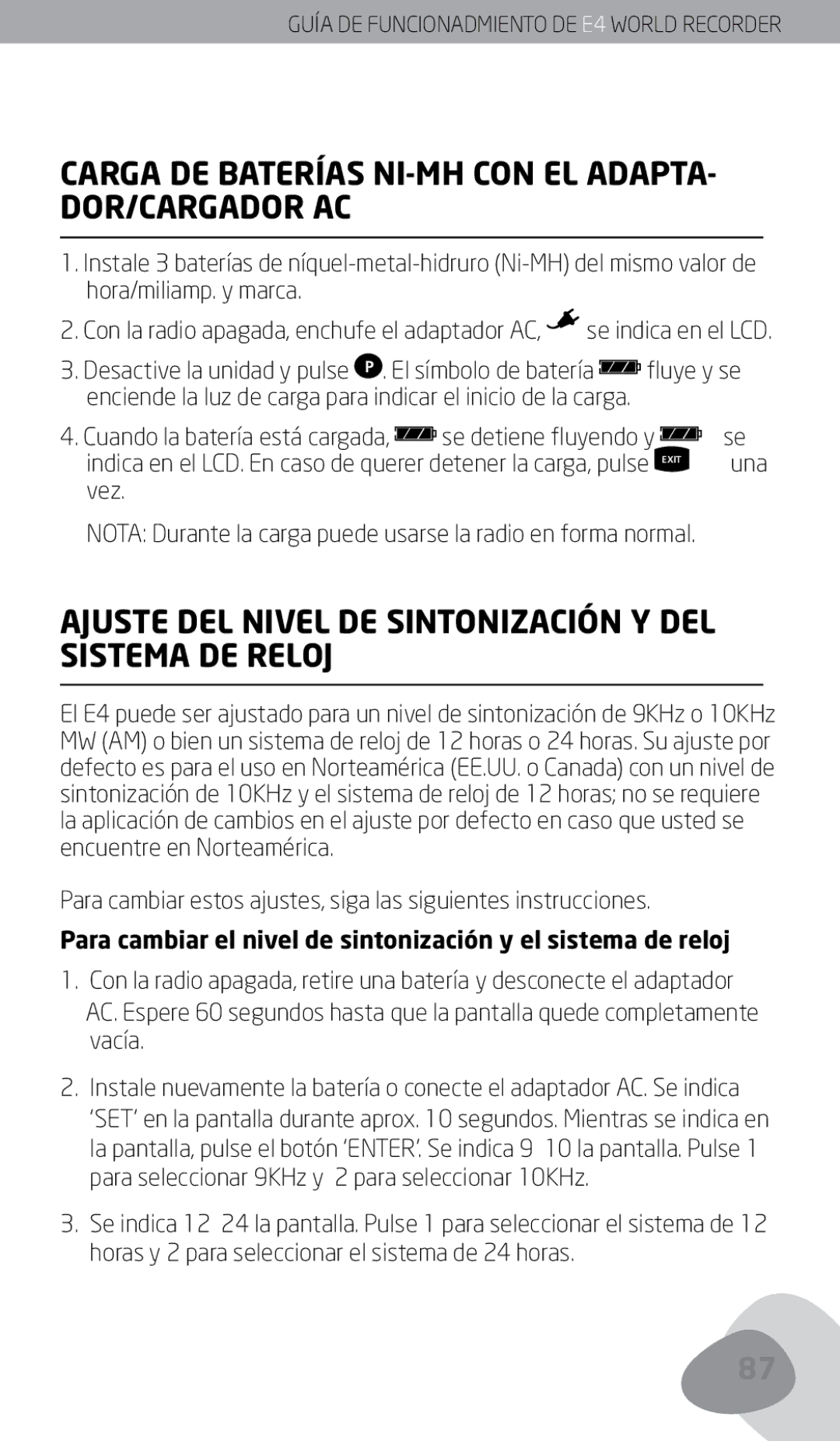 Eton E4 Carga DE Baterías NI-MH CON EL ADAPTA- DOR/CARGADOR AC, Ajuste DEL Nivel DE Sintonización Y DEL Sistema DE Reloj 