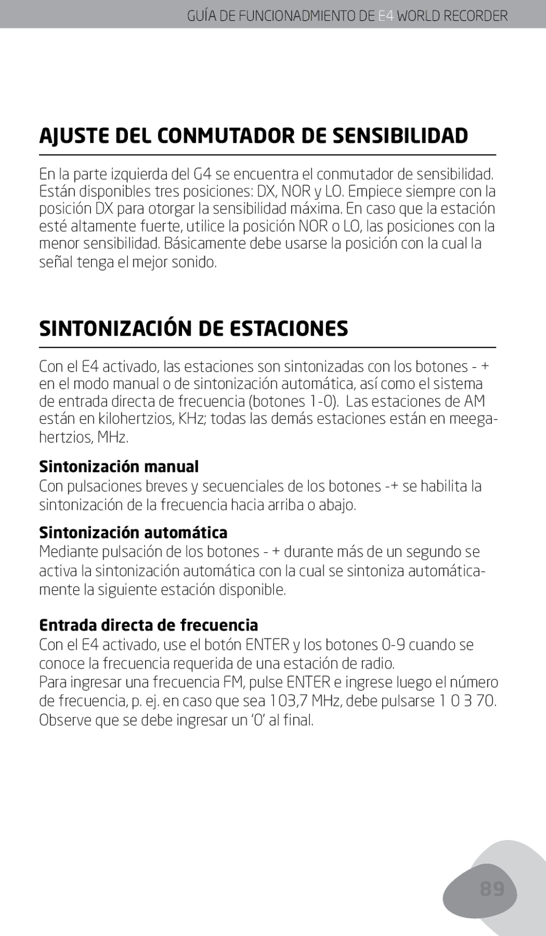 Eton E4 Ajuste DEL Conmutador DE Sensibilidad, Sintonización DE Estaciones, Sintonización manual, Sintonización automática 