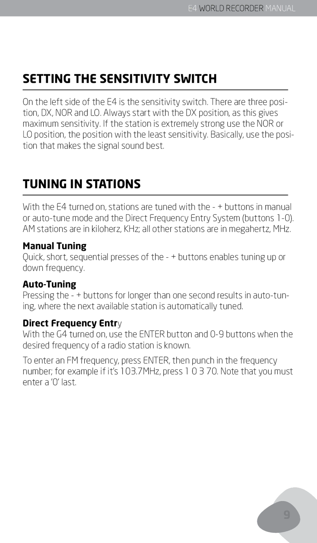 Eton E4 owner manual Setting the Sensitivity Switch, Tuning in Stations, Manual Tuning, Auto-Tuning, Direct Frequency Entry 