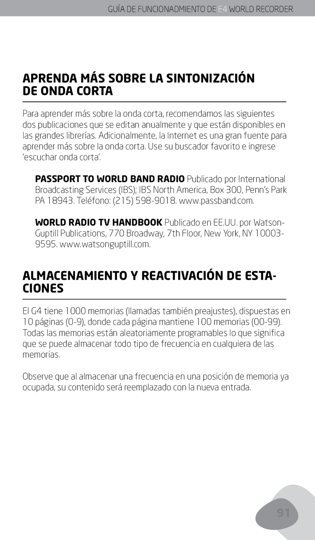 Eton E4 owner manual Aprenda MÁS Sobre LA Sintonización DE Onda Corta, Almacenamiento Y Reactivación DE ESTA- Ciones 