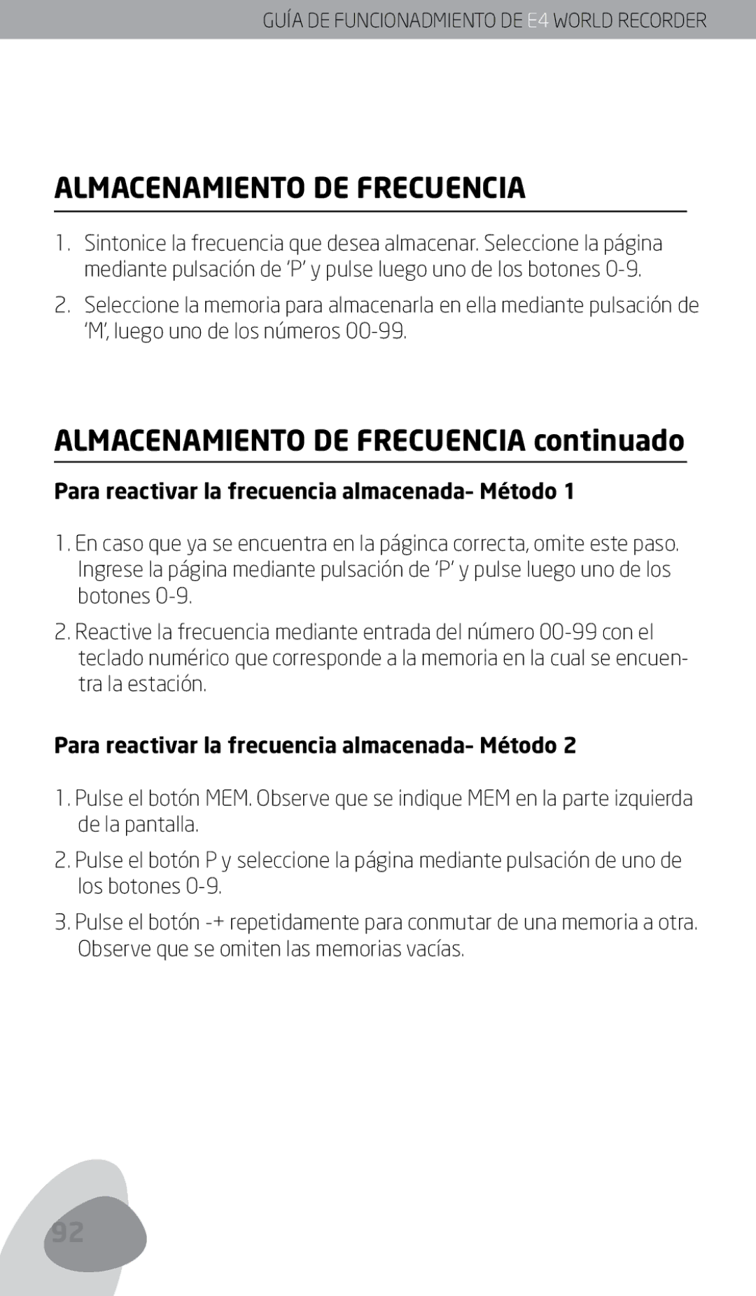 Eton E4 owner manual Almacenamiento DE Frecuencia continuado, ‘M’, luego uno de los números 